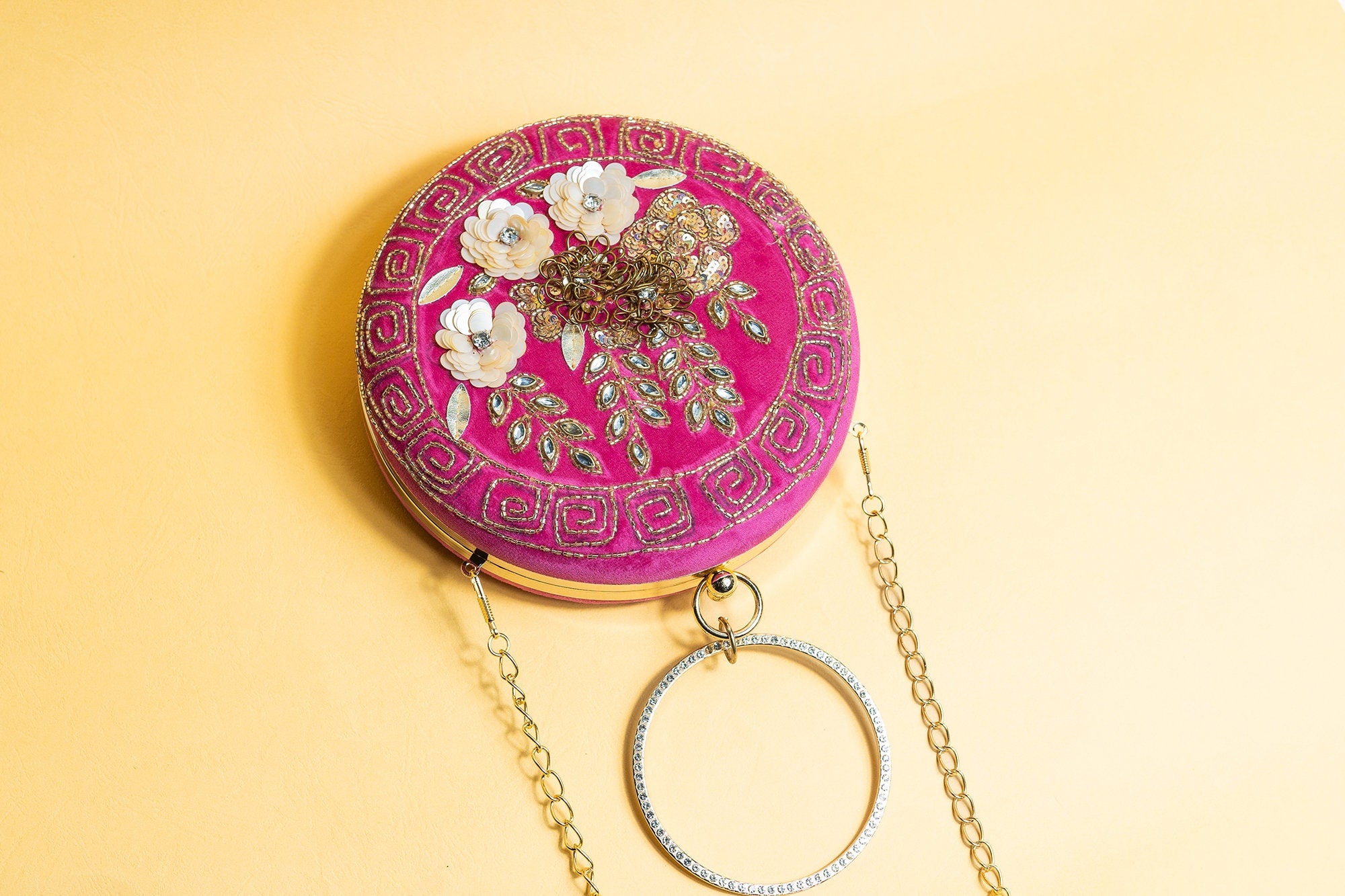 Hot pink floral round hand made embroidery silk clutch bag detachable sling