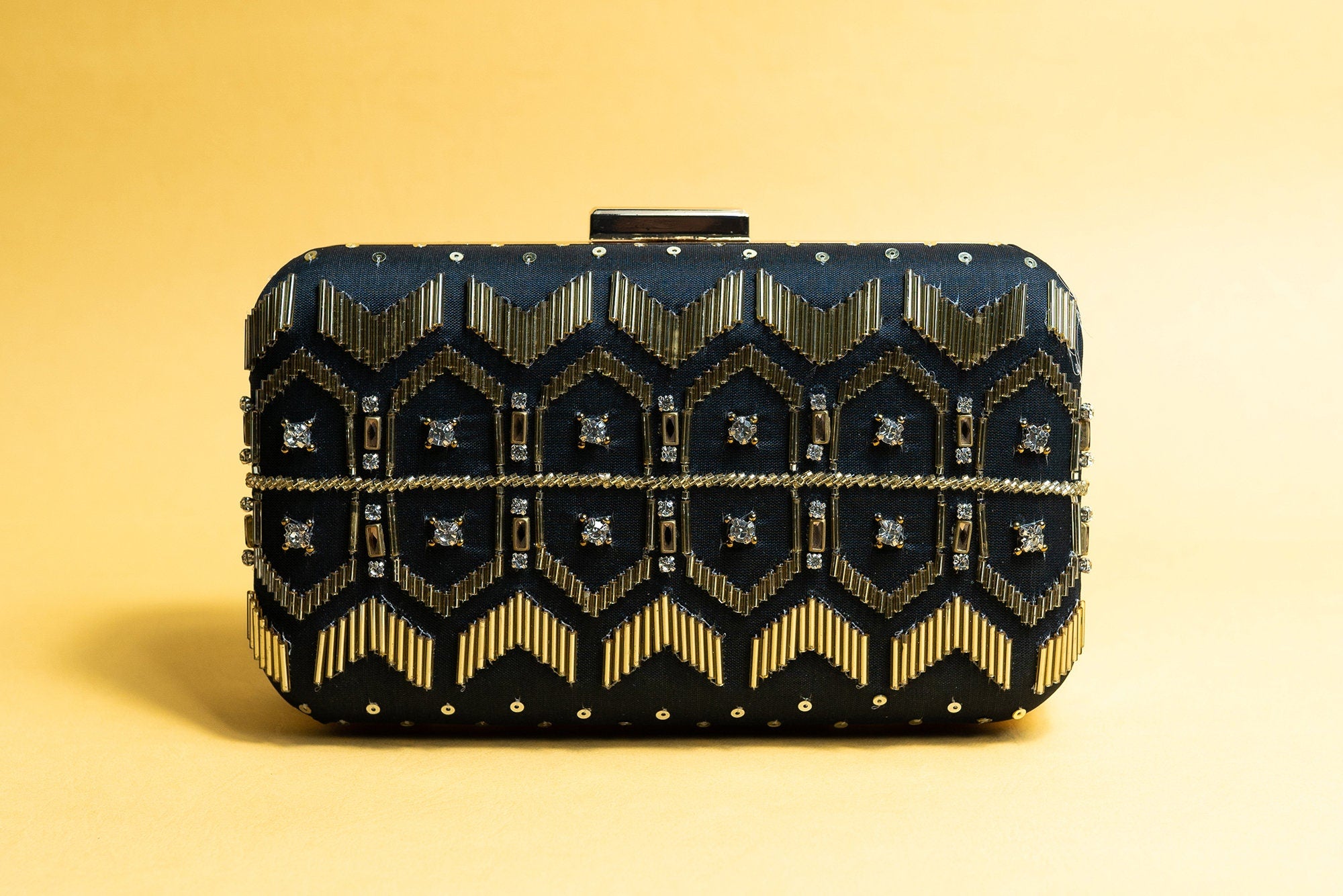 Black and Gold silk clutch purse/bag with detachable metal sling