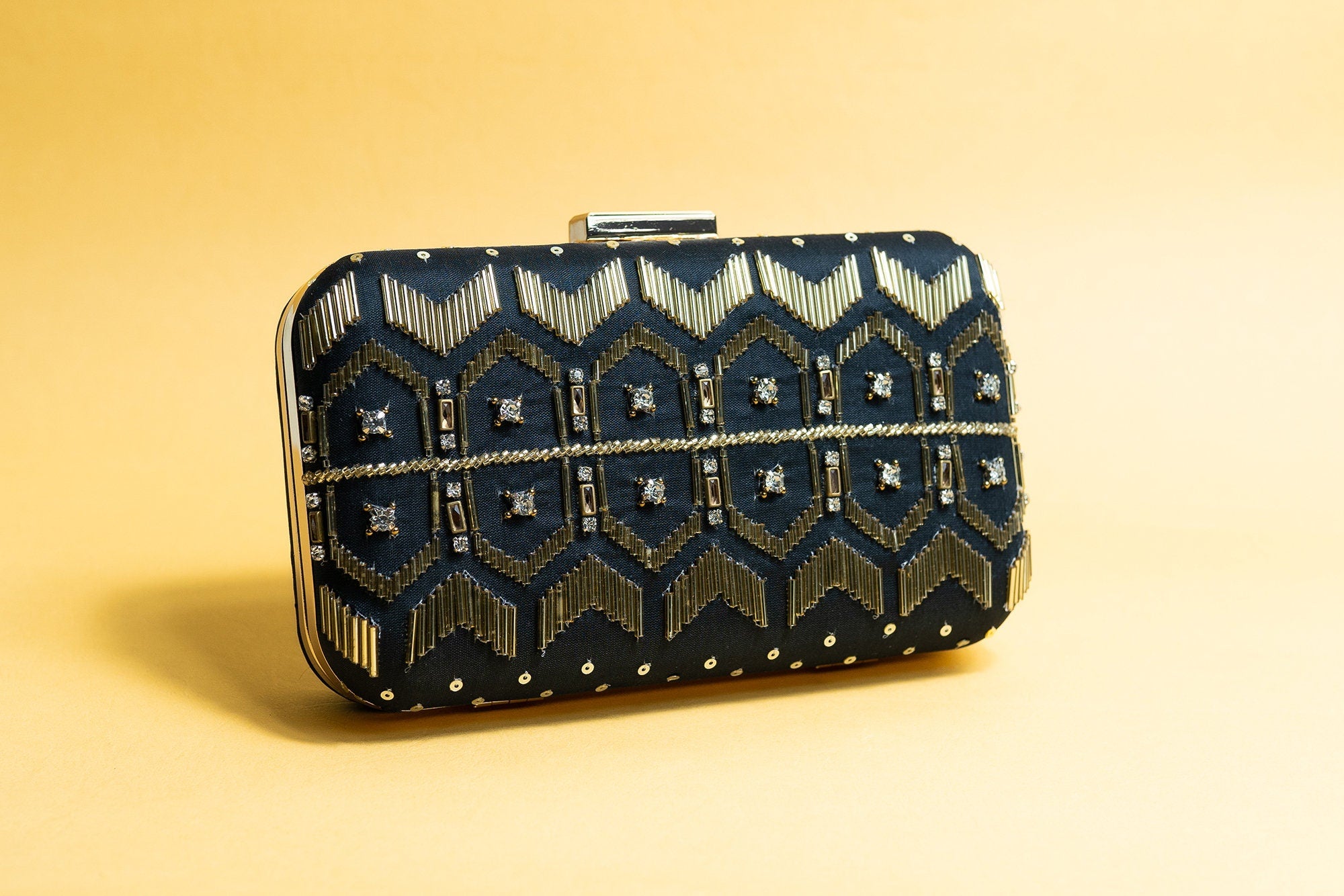 Black and Gold silk clutch purse/bag with detachable metal sling