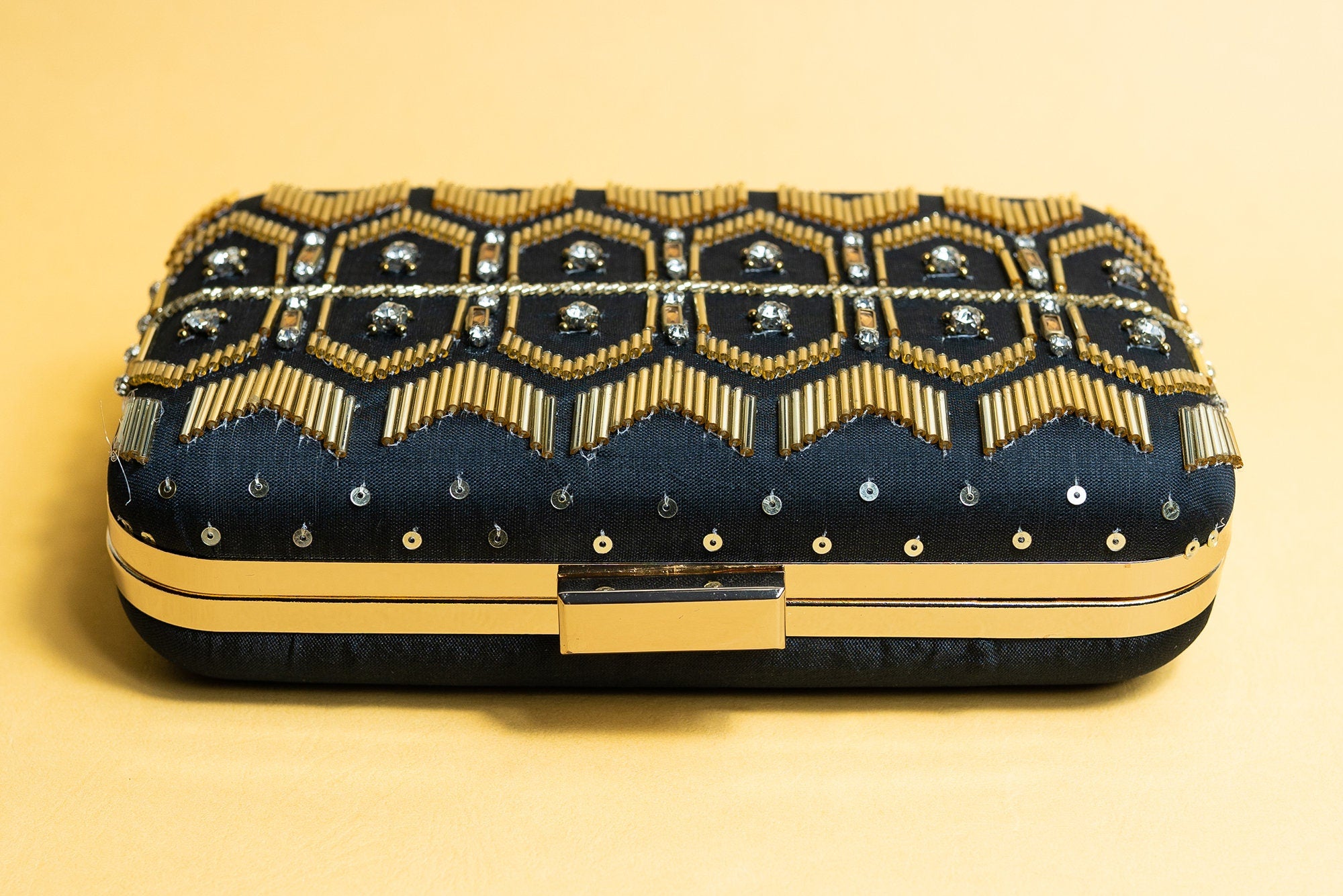 Black and Gold silk clutch purse/bag with detachable metal sling
