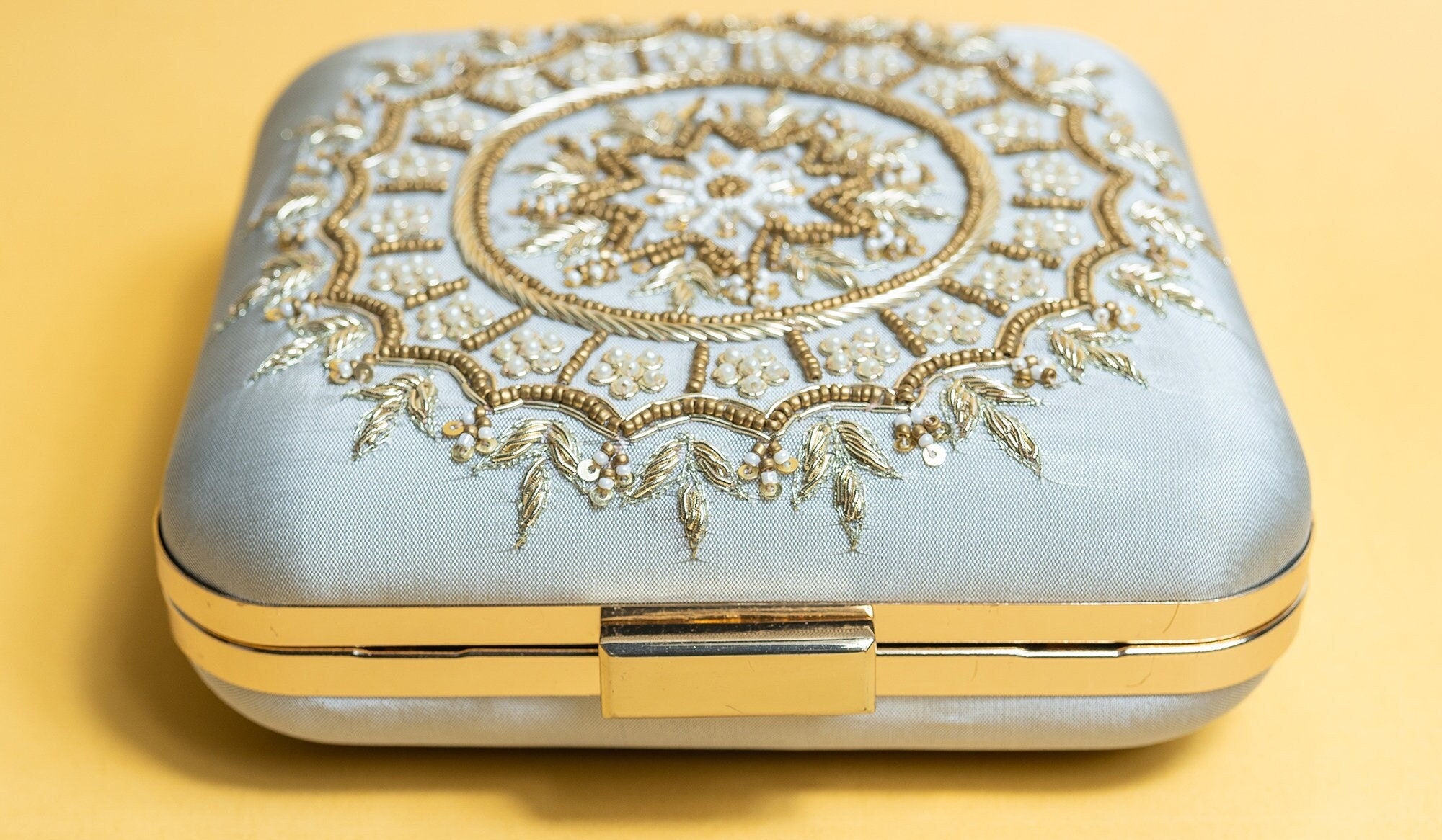 Light grey and bronze square hand made bead embroidery silk clutch bag detachable sling