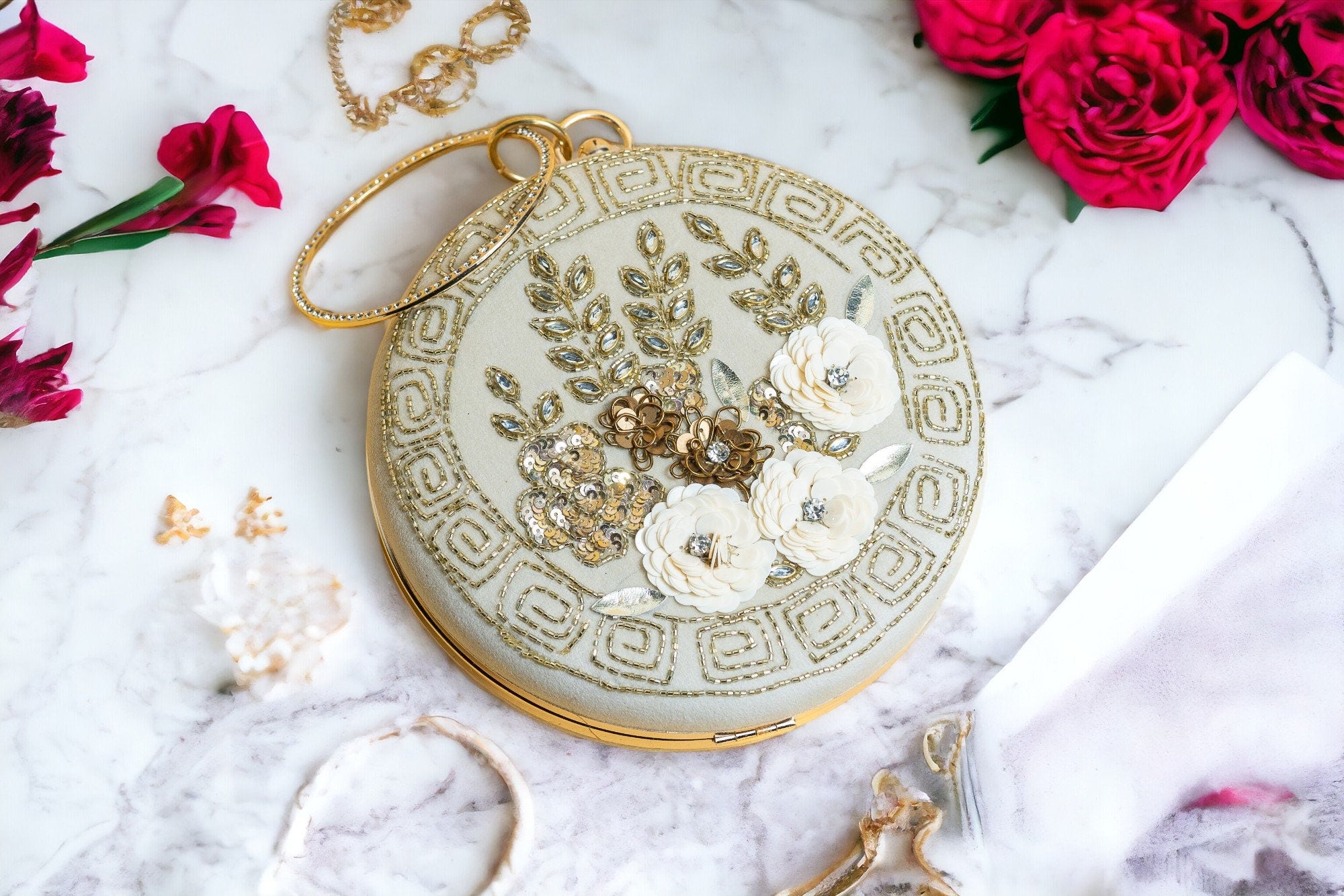 Ivory floral round hand made embroidery silk clutch bag detachable sling