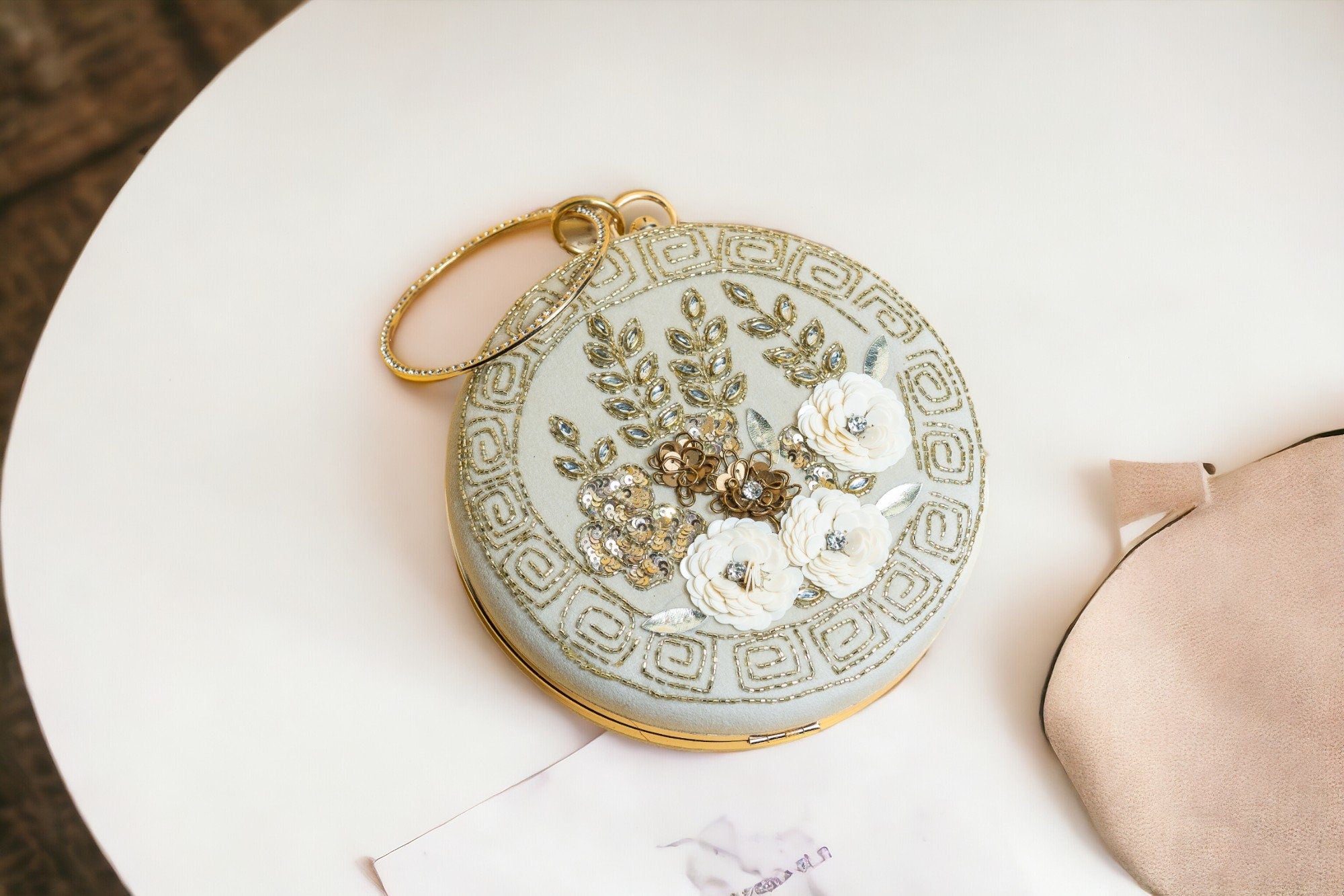 Ivory floral round hand made embroidery silk clutch bag detachable sling
