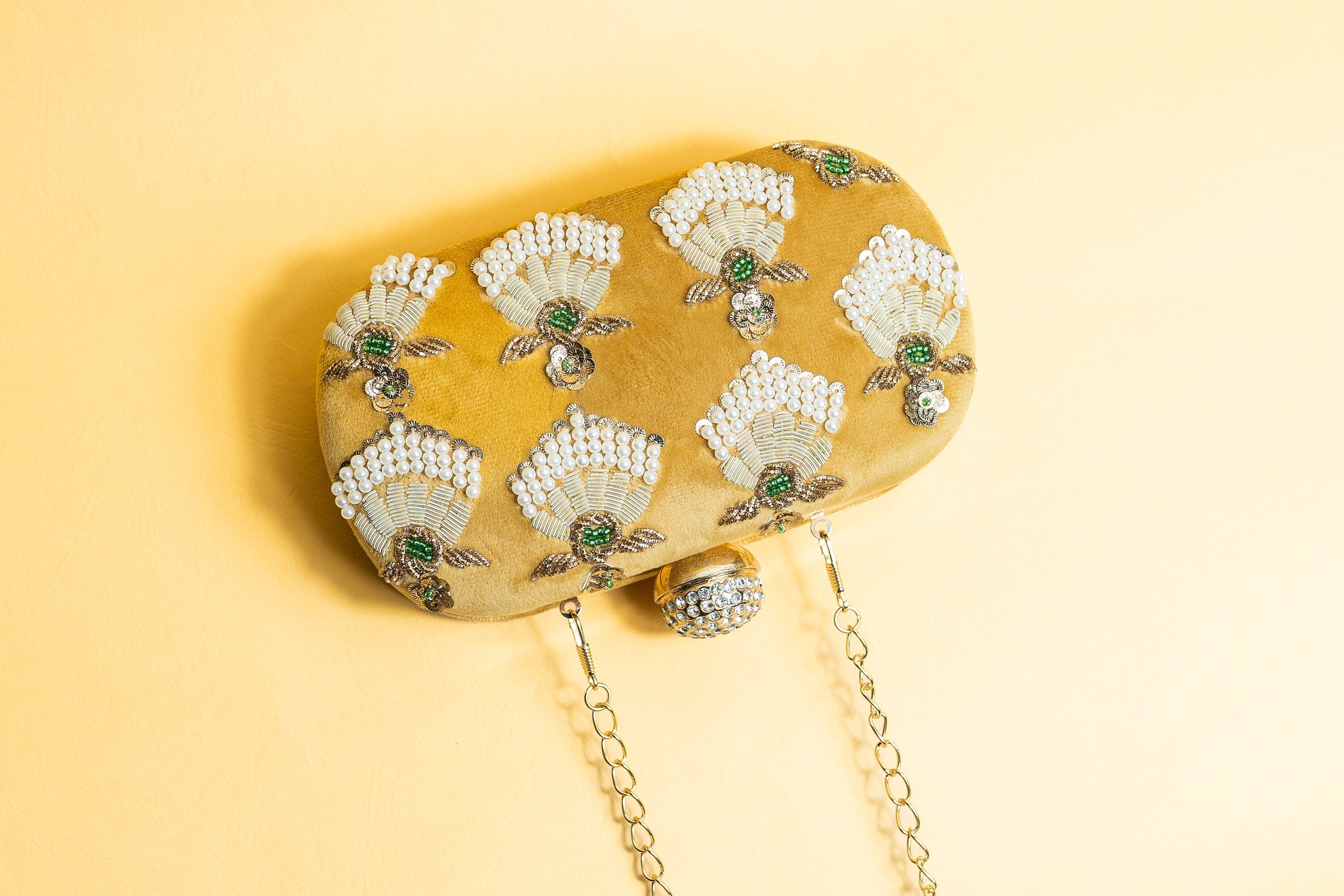 Yellow velvet clutch purse/bag, hand made embroidery clutch bag with detachable metal sling