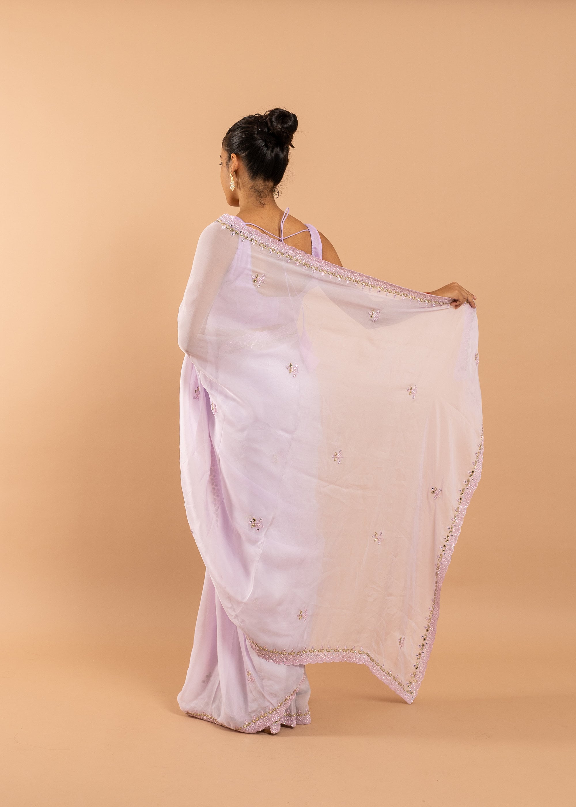 Pink organza saree with silk thread and glasswork