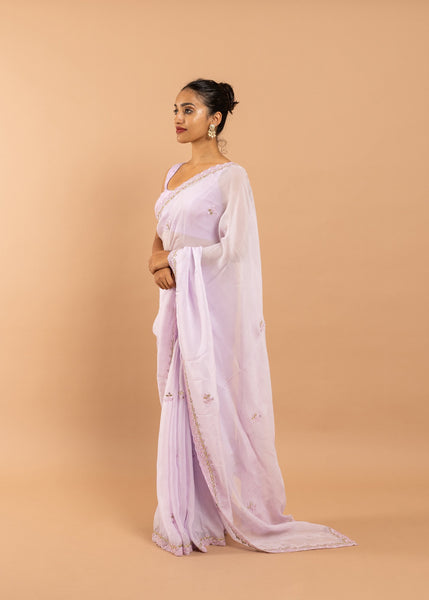 Pink organza saree with silk thread and glasswork image 3