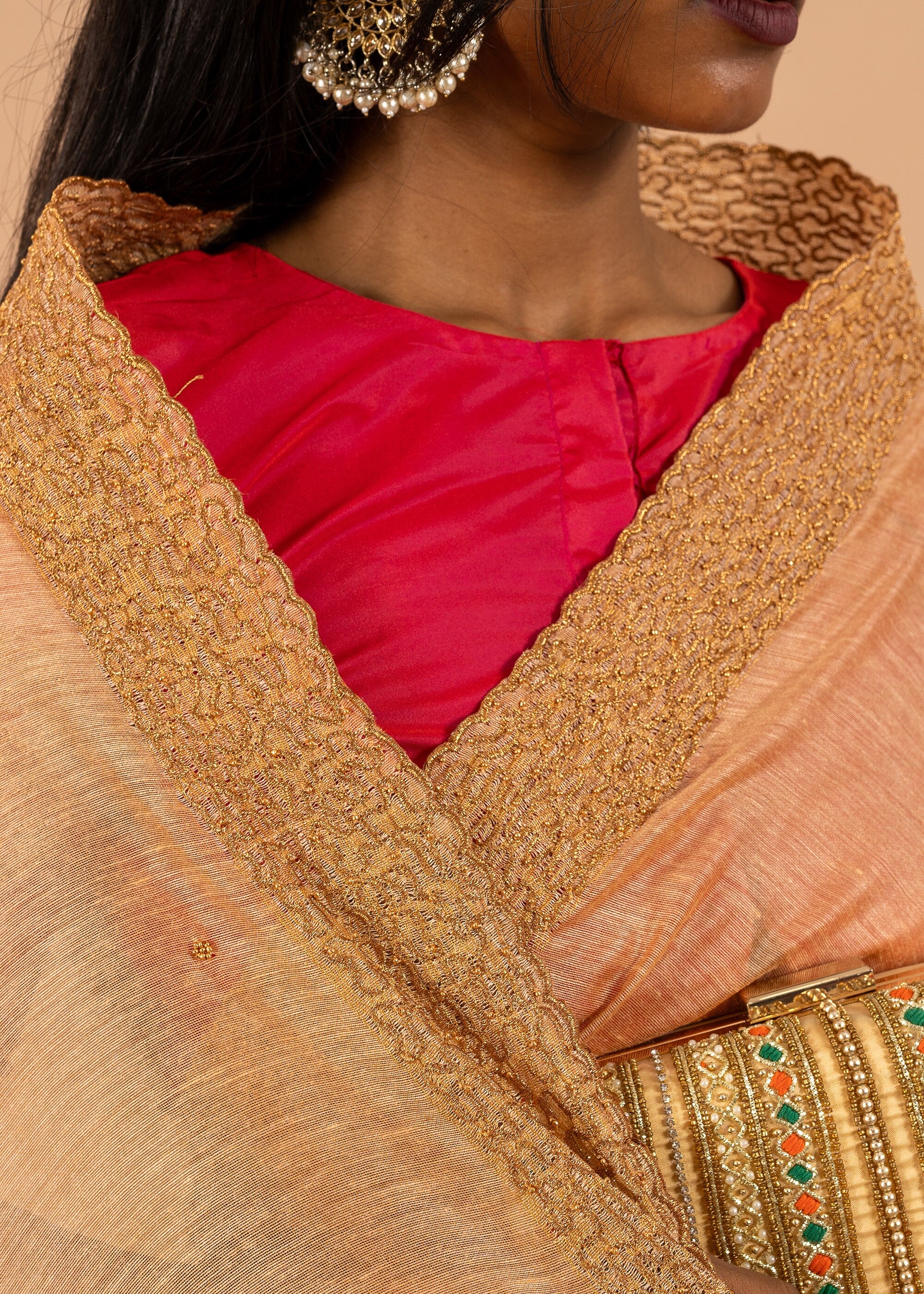 Antique gold saree with silk thread handwork and beads embroidery
