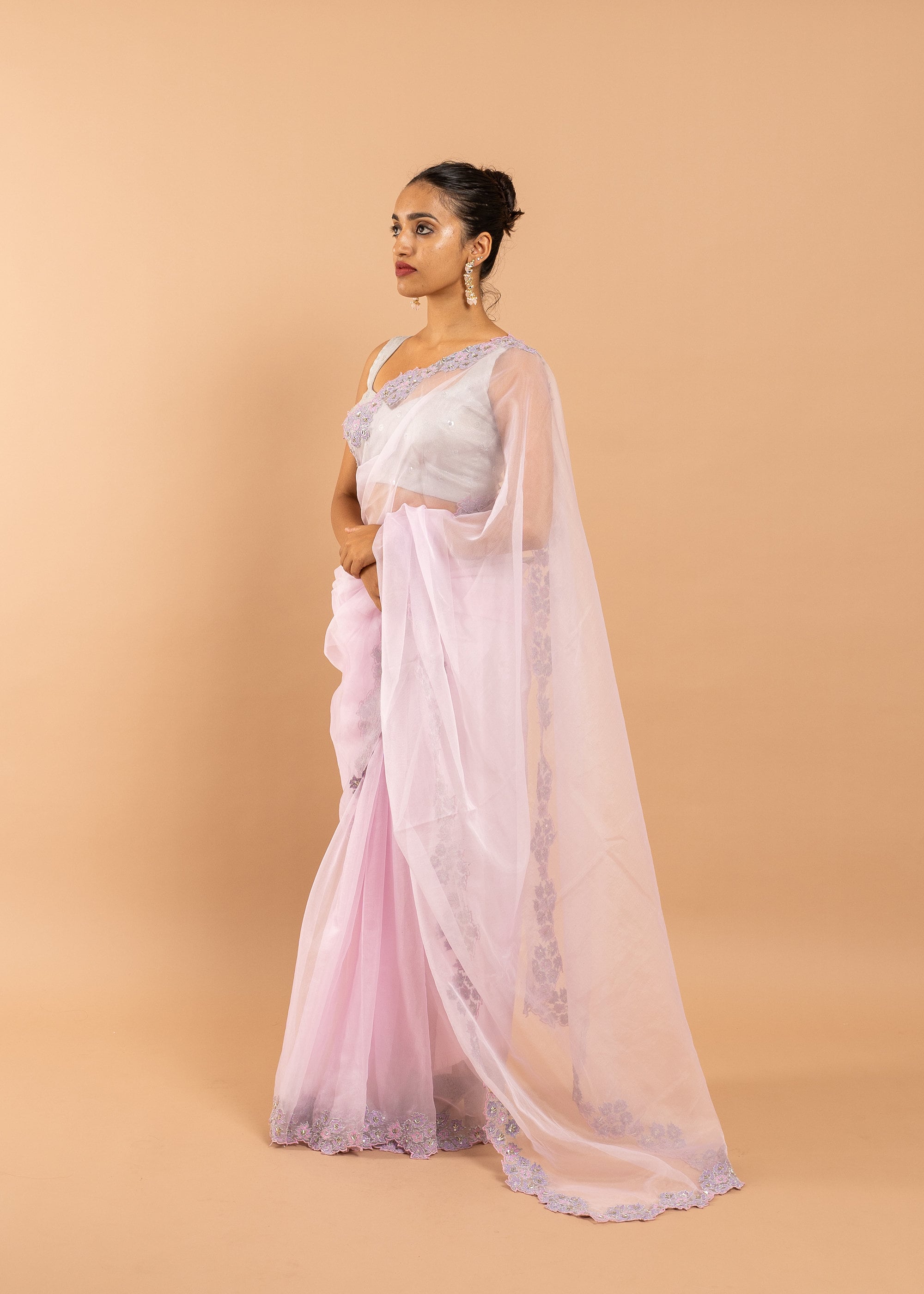 Lavender Organza saree with silk thread and beads handwork and beads embroidery