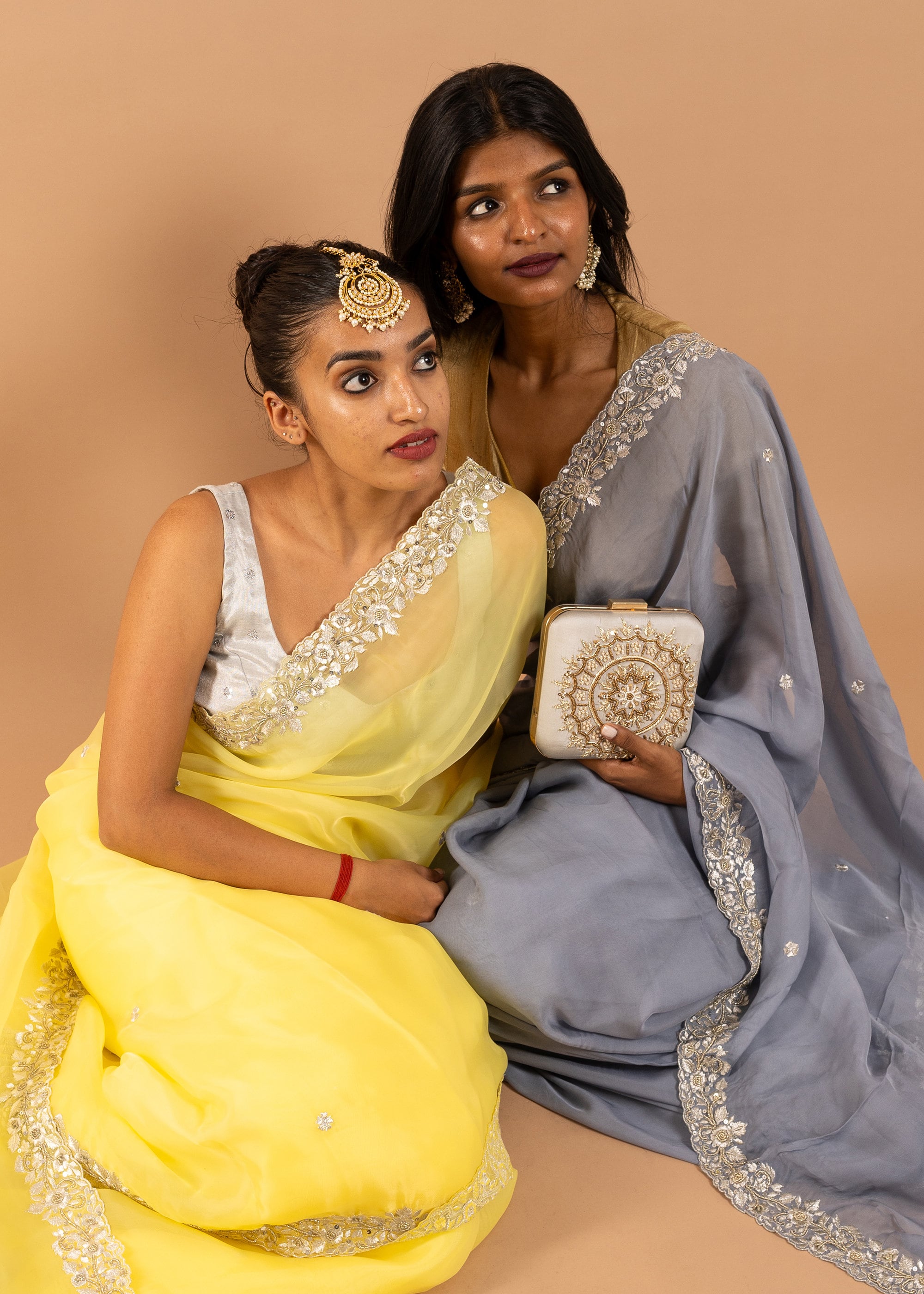 Gray organza saree with zari silk thread and beads handwork embroidery