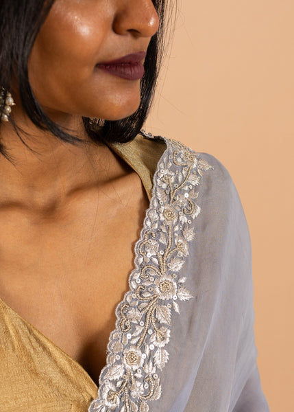 Gray organza saree with zari silk thread  and beads handwork embroidery image 3