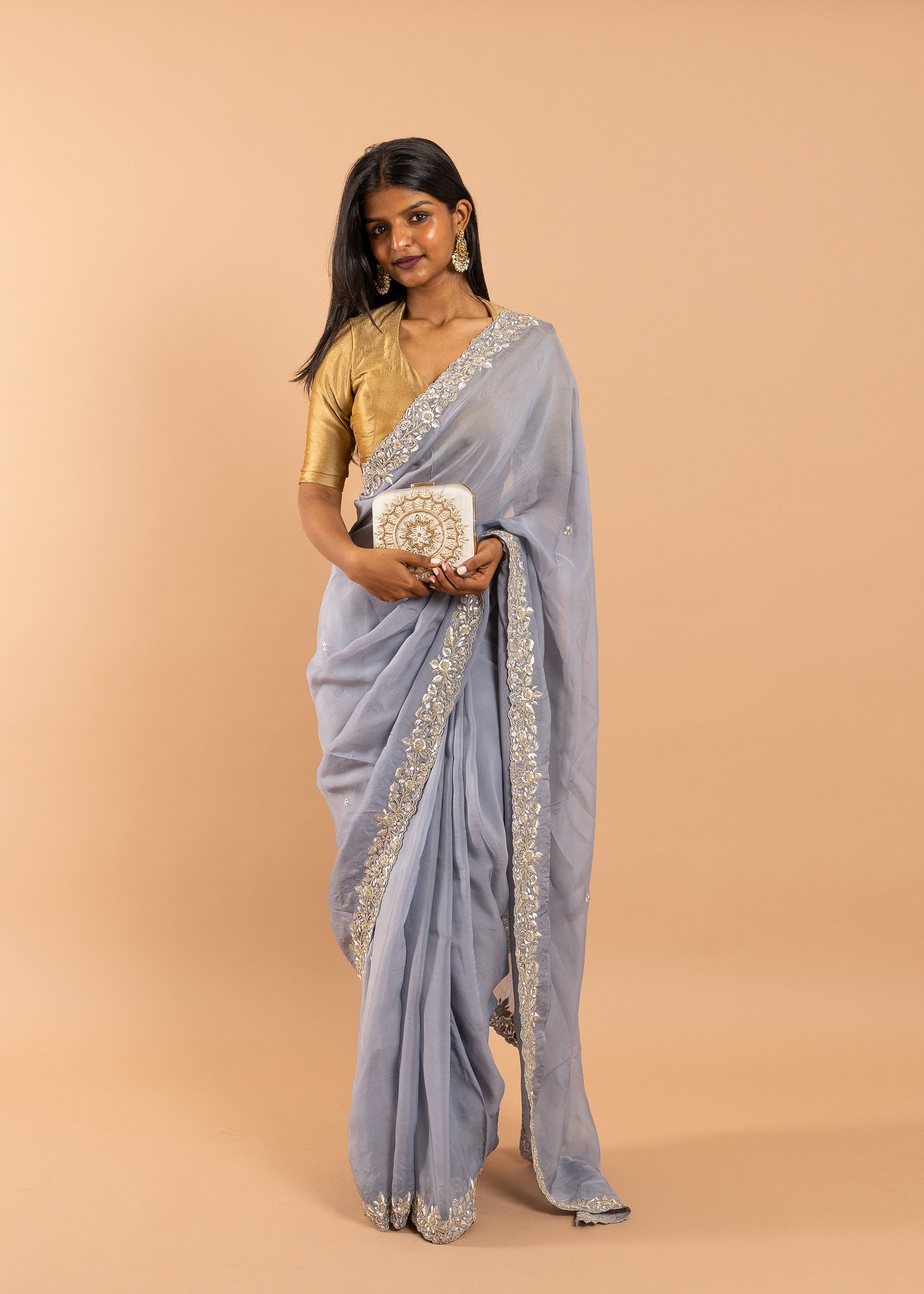 Gray organza saree with zari silk thread and beads handwork embroidery