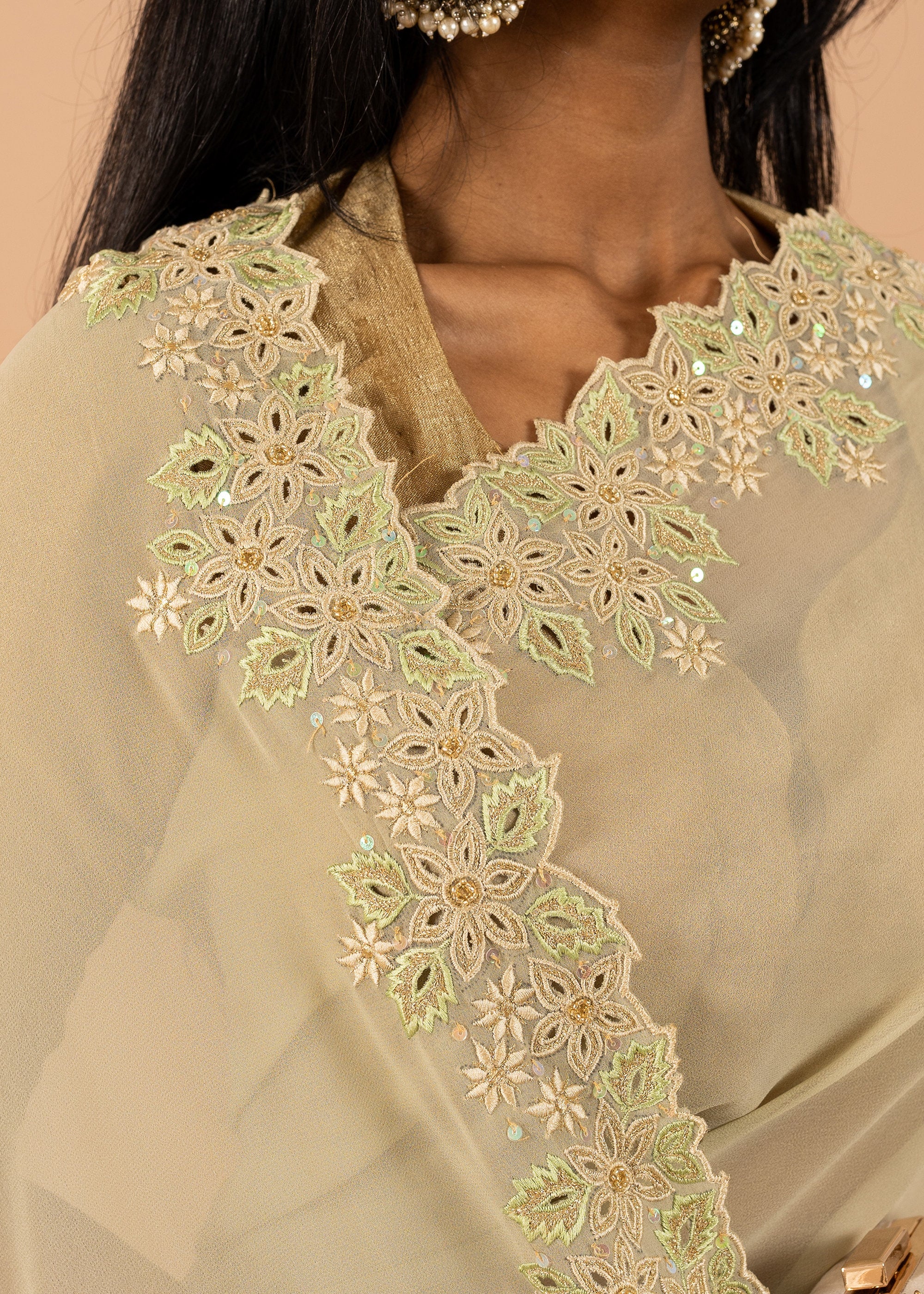 Pista green georgette saree with silk thread  and beads handwork embroidery