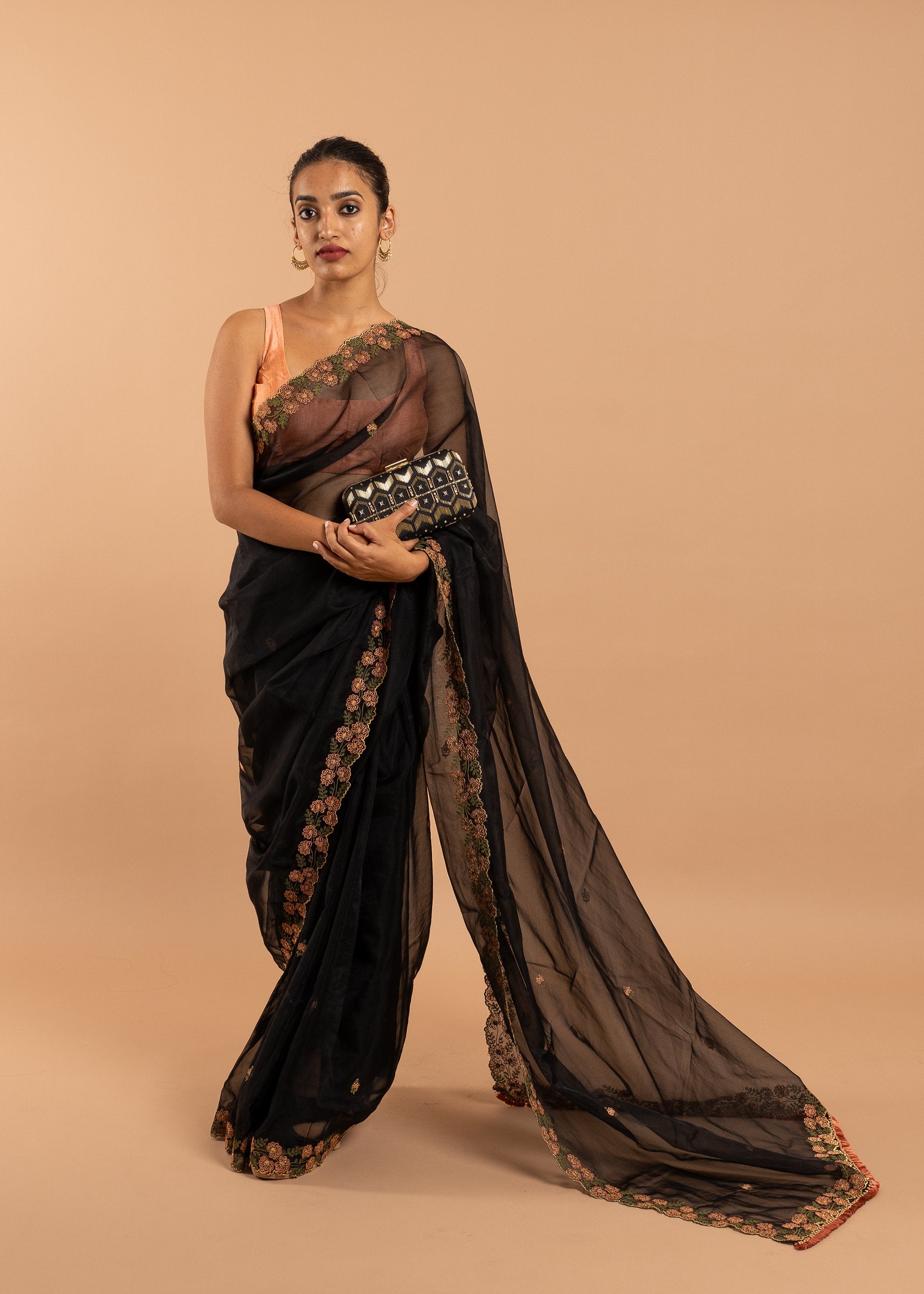 Black Organza saree with silk thread and beads handwork embroidery