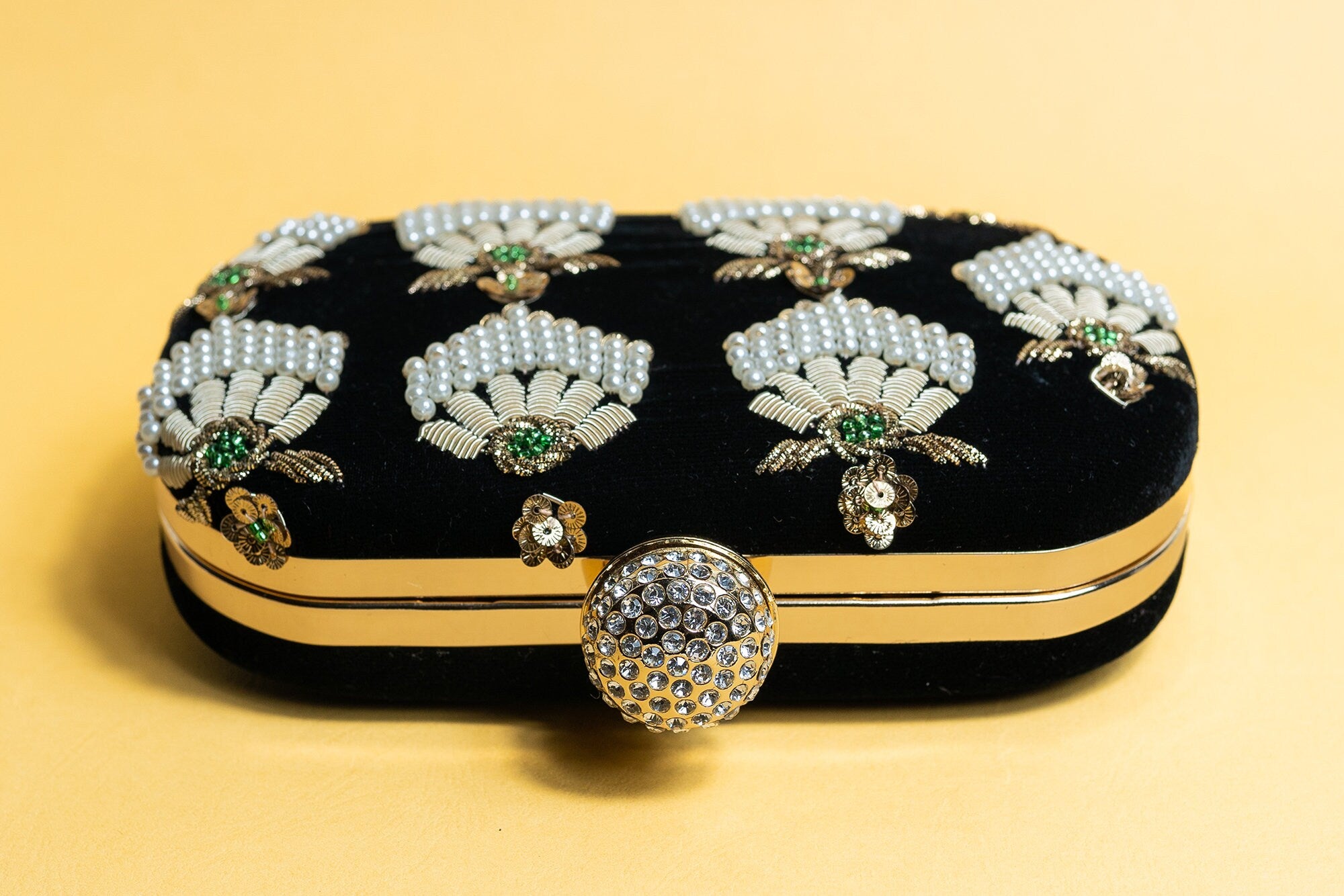 Black bead embroidery clutch bag with detachable sling