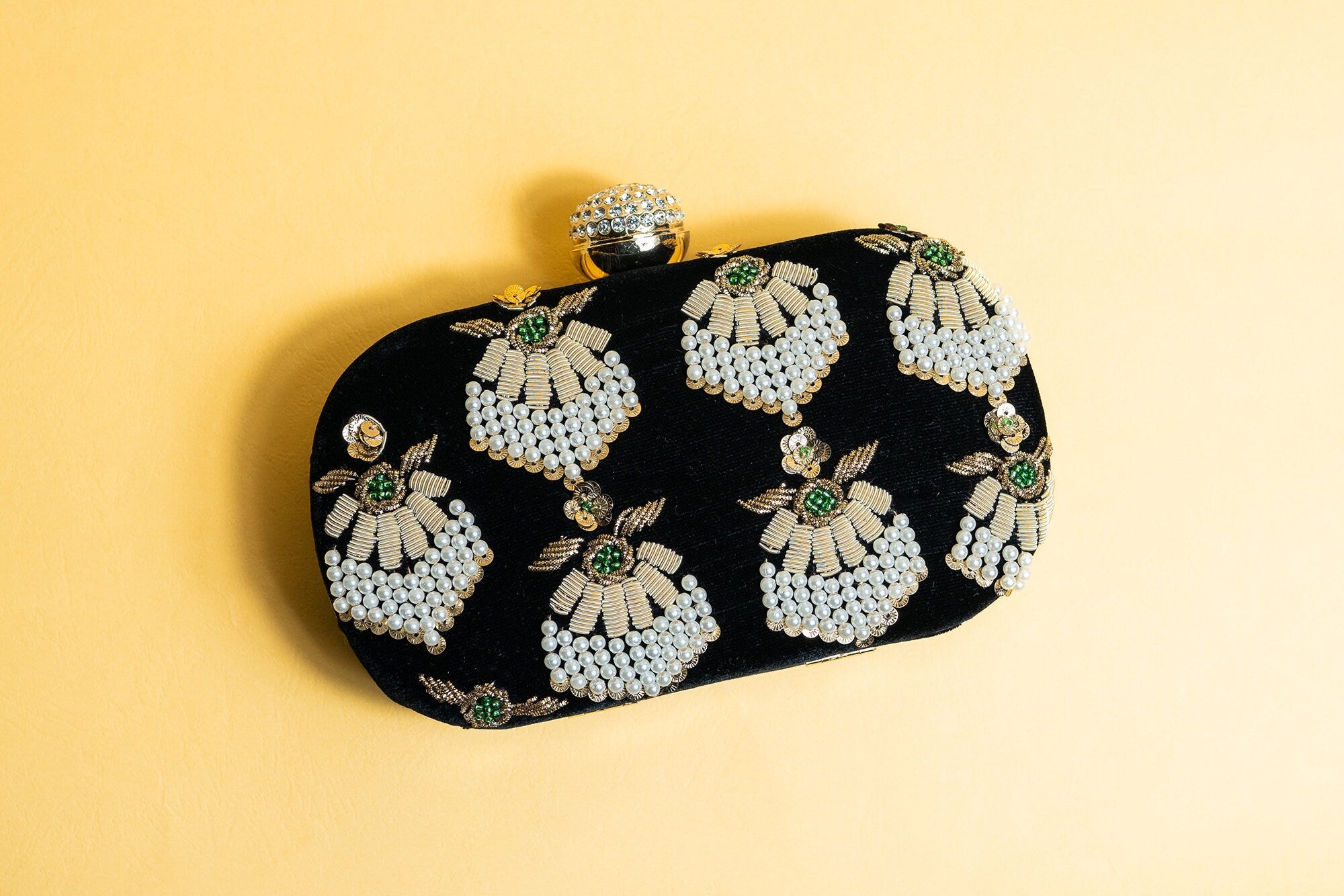 Black bead embroidery clutch bag with detachable sling