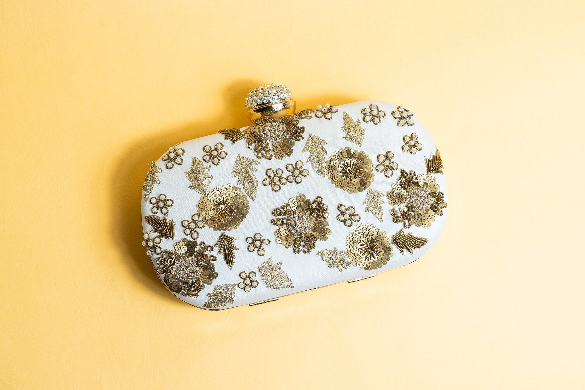 ivory bead embroidery clutch bag with detachable sling