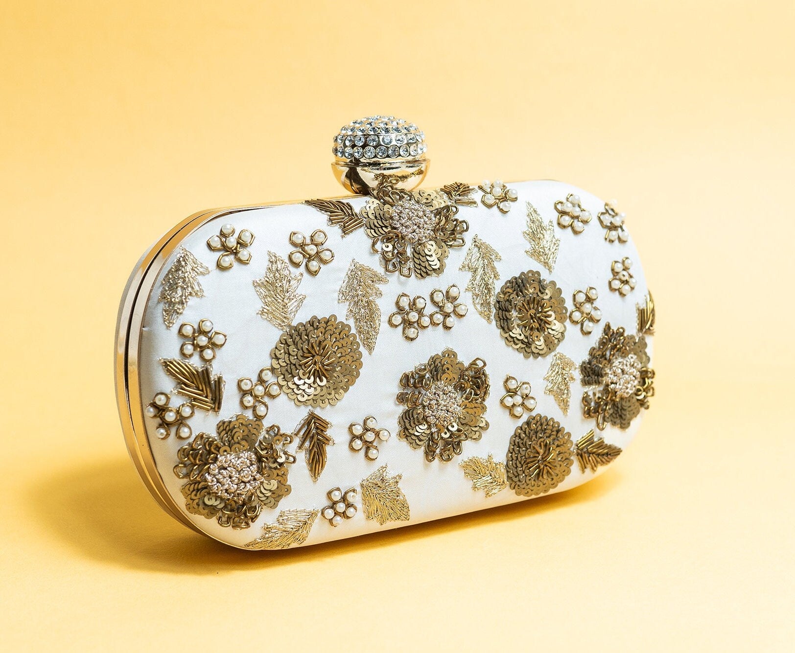 ivory bead embroidery clutch bag with detachable sling
