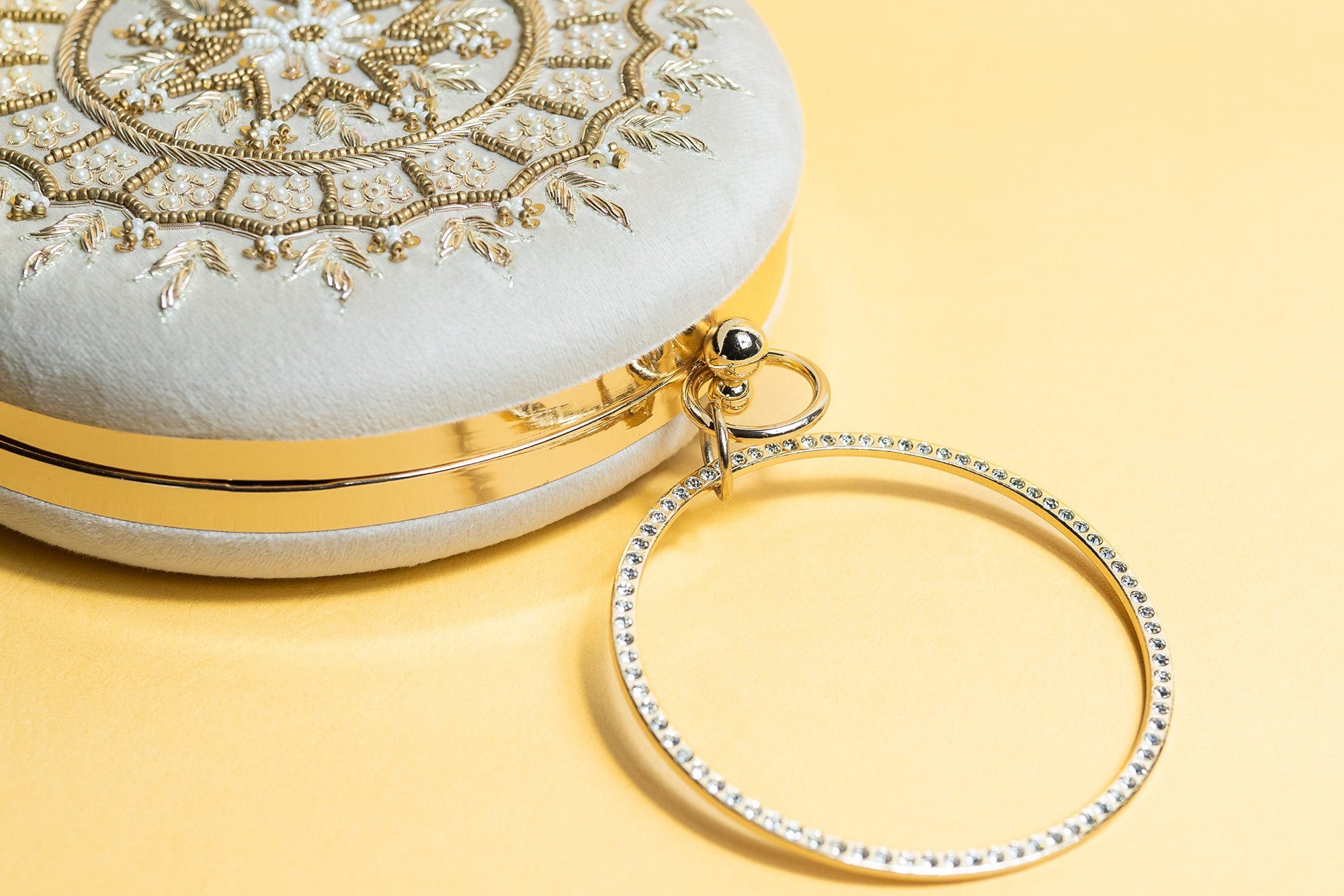 Cream round clutch bag , embroidery silk clutch bag, detachable sling