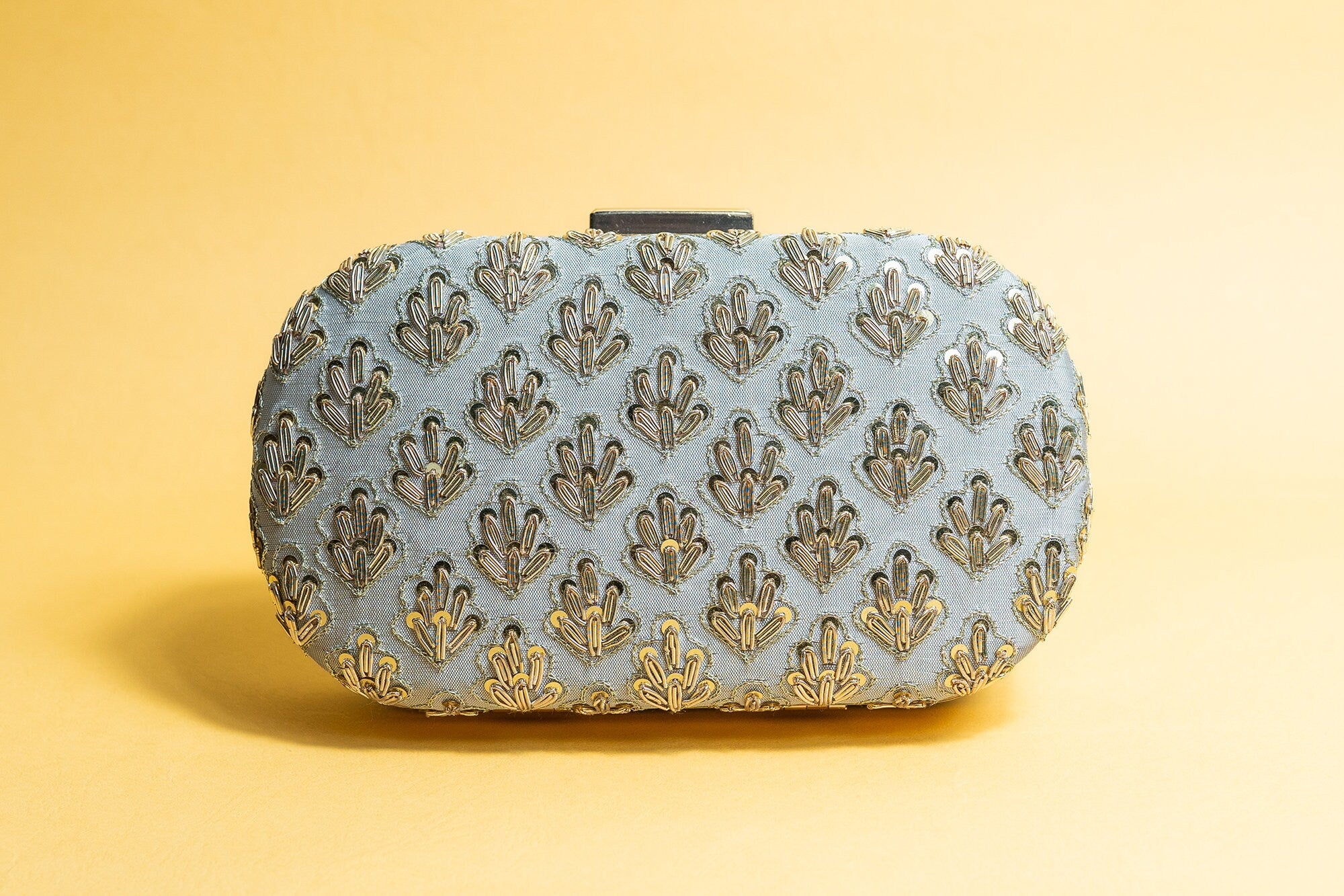 Gray metal embroidery clutch bag with detachable sling