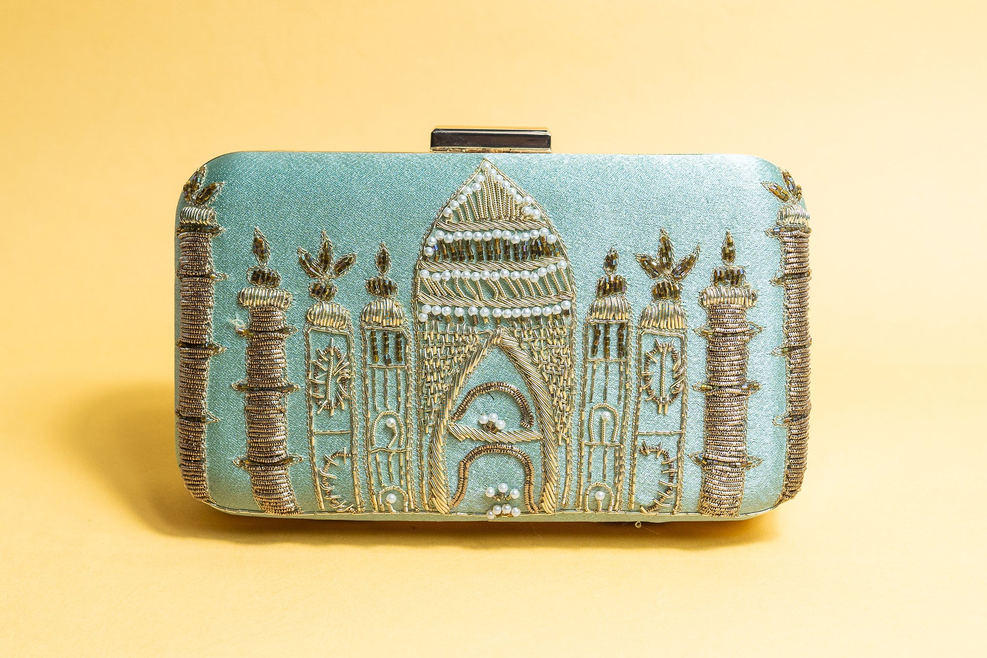 Pastel green silk clutch purse/bag, hand made embroidery clutch bag with detachable metal sling