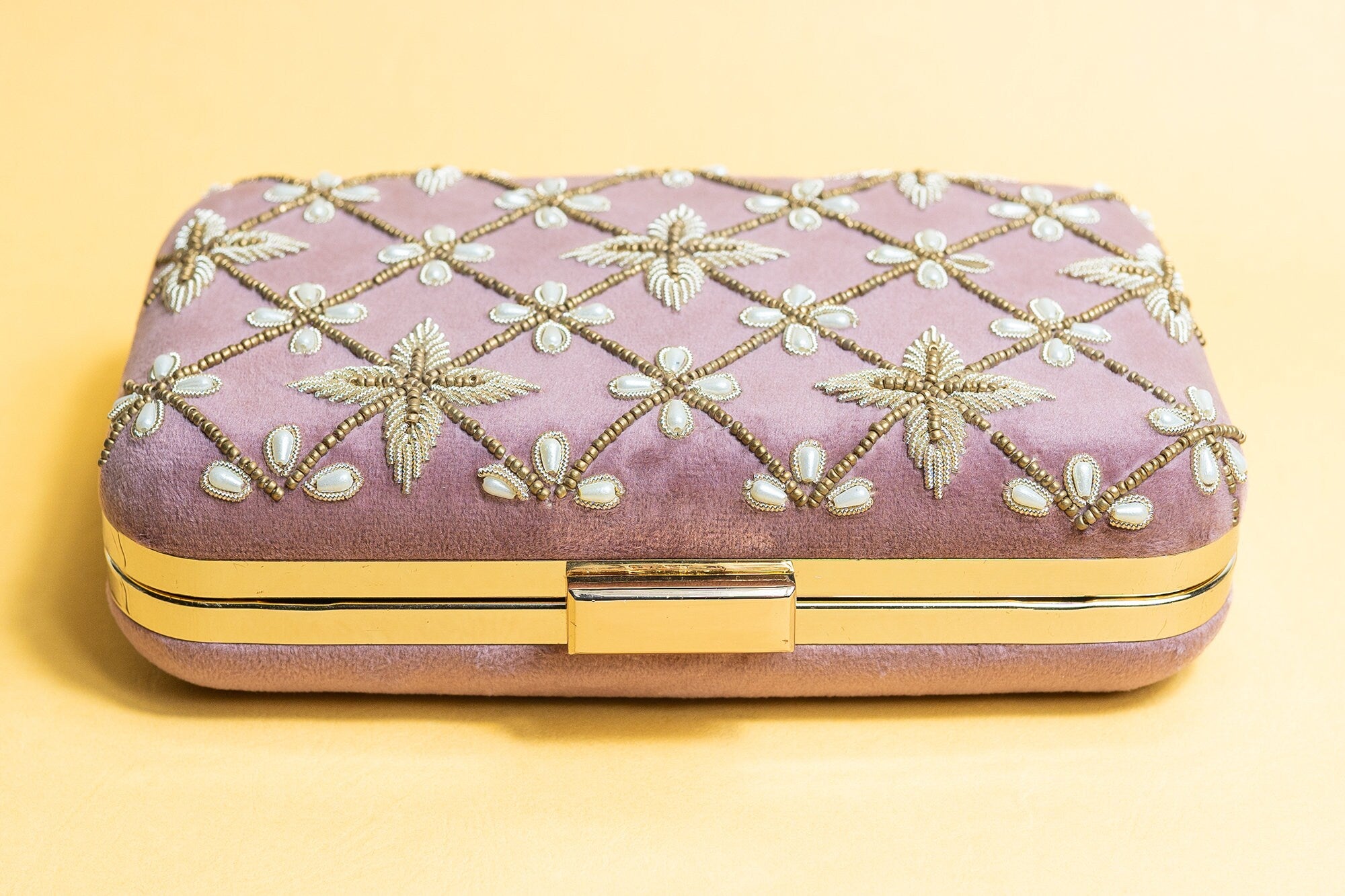 Pastel pink velvet hand made bead embroidery clutch bag detachable sling
