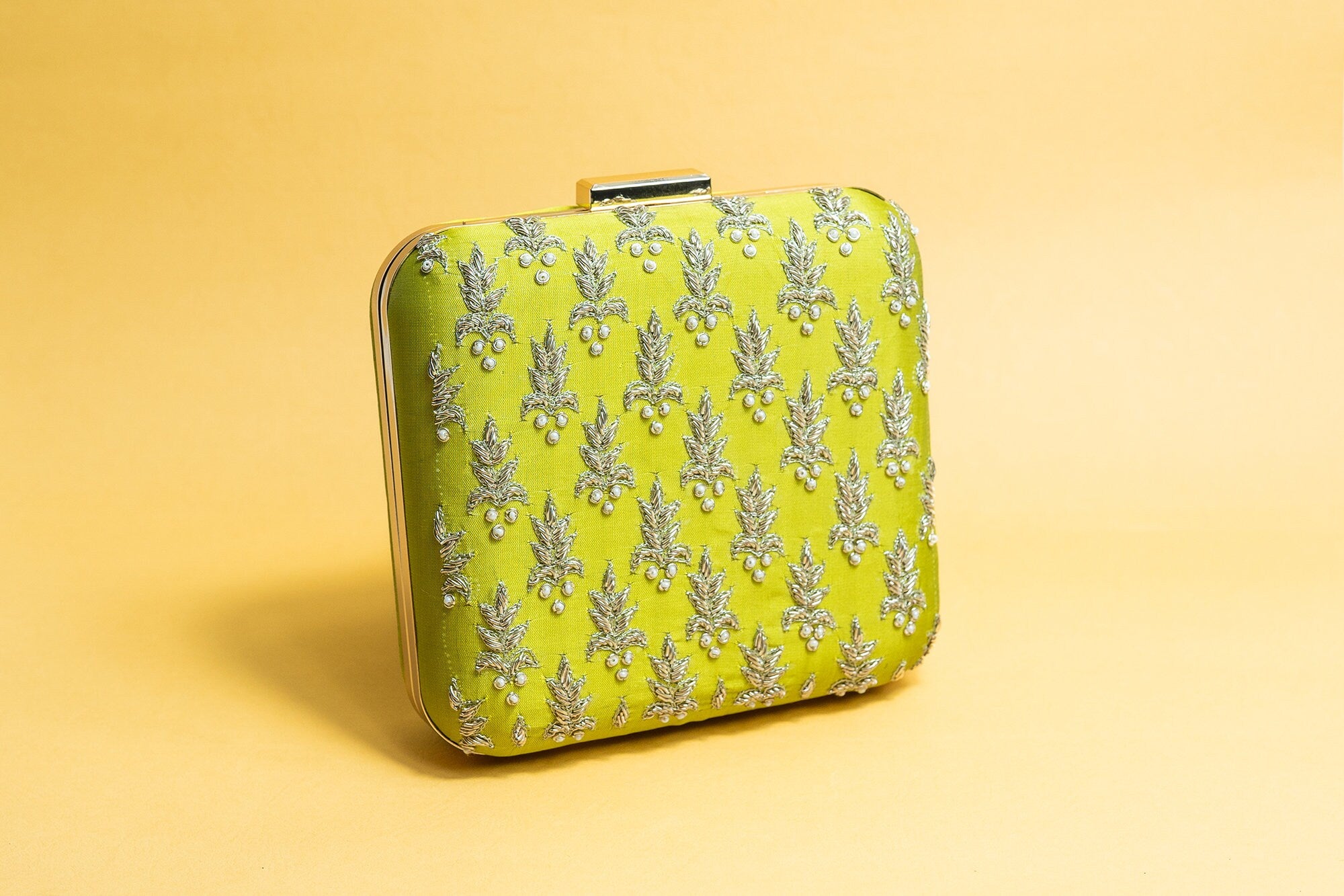 Florescent Green and gold square hand made bead embroidery and pure silk clutch bag detachable sling