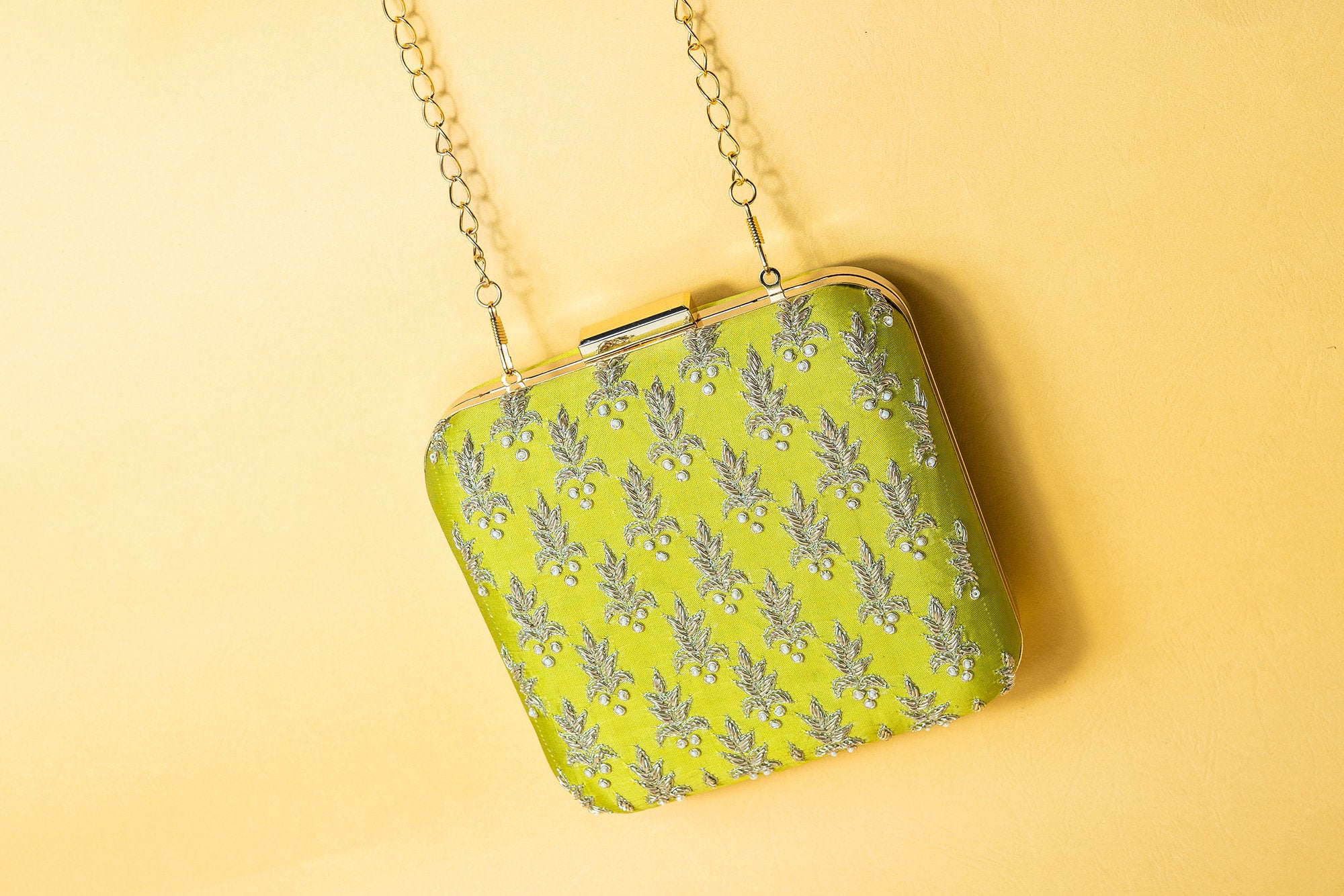 Florescent Green and gold square hand made bead embroidery and pure silk clutch bag detachable sling