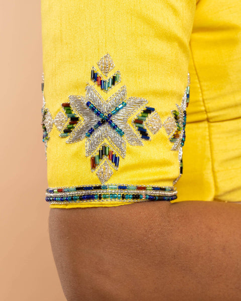 Yellow Designer Hand embroidered, glass bead work blouse image 3