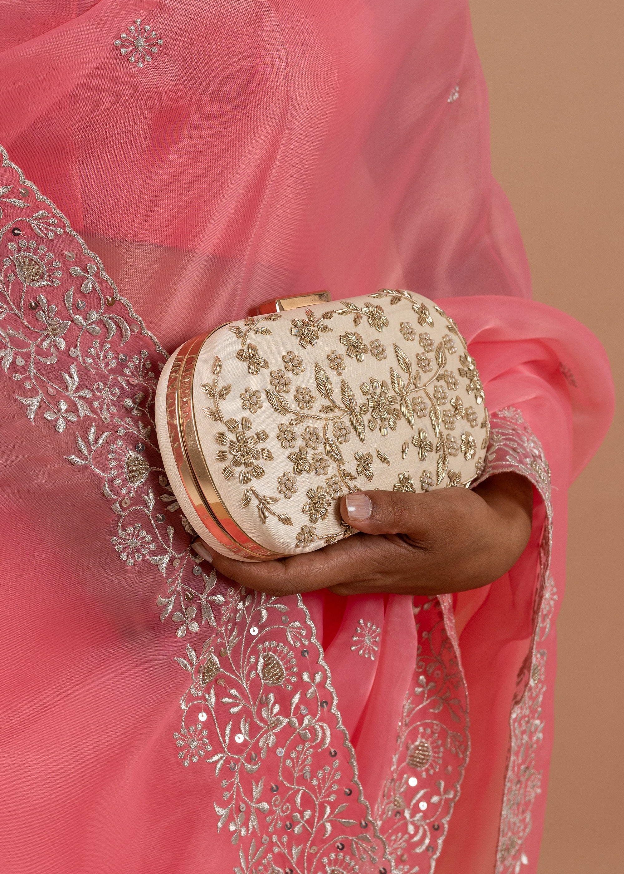 Pink and silver handwork embroidery organza saree with zari work border