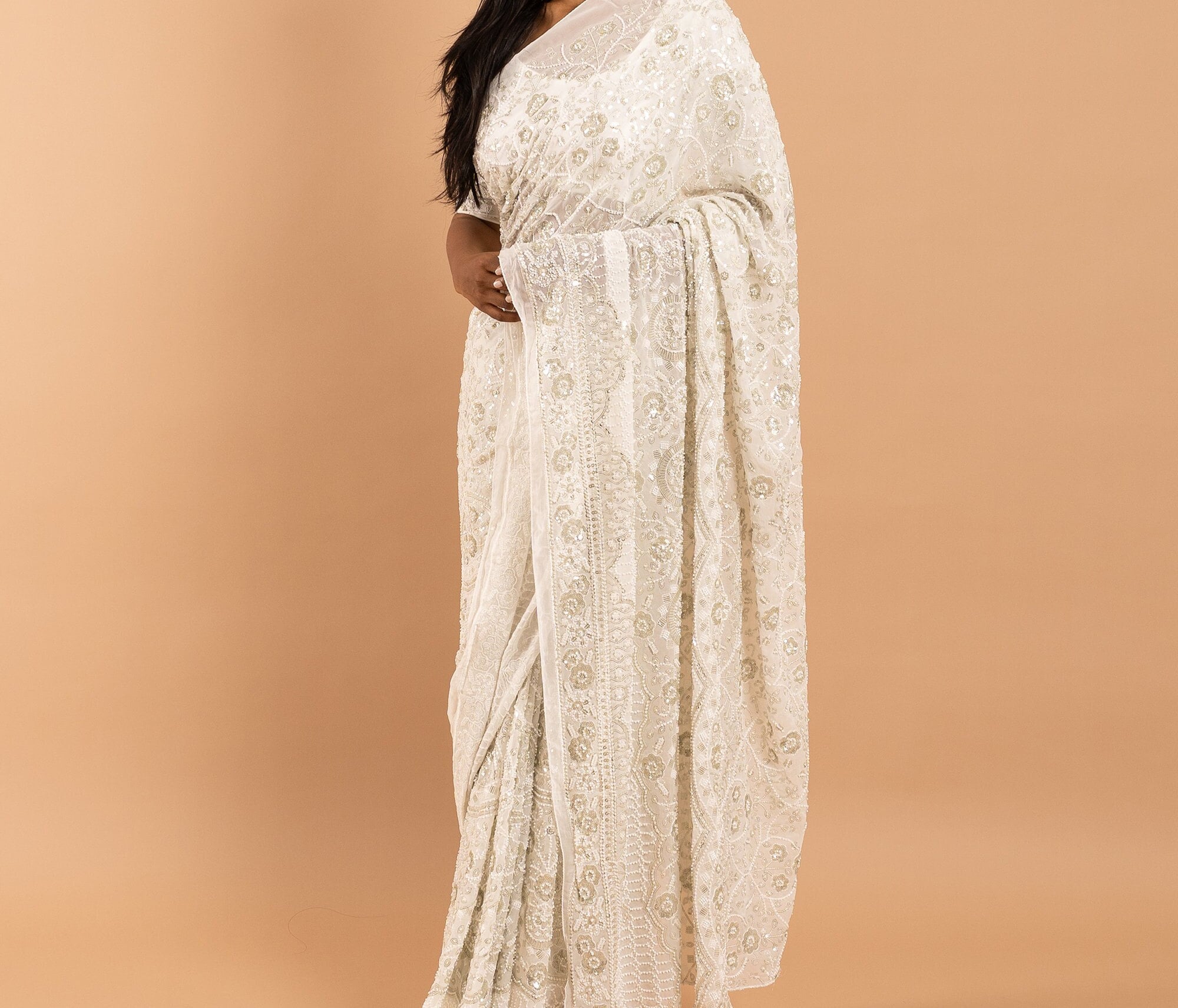 Ivory Georgette saree with white silk thread and sequins handwork embroidery