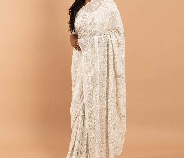 Ivory Georgette saree with white silk thread  and sequins handwork embroidery image 3
