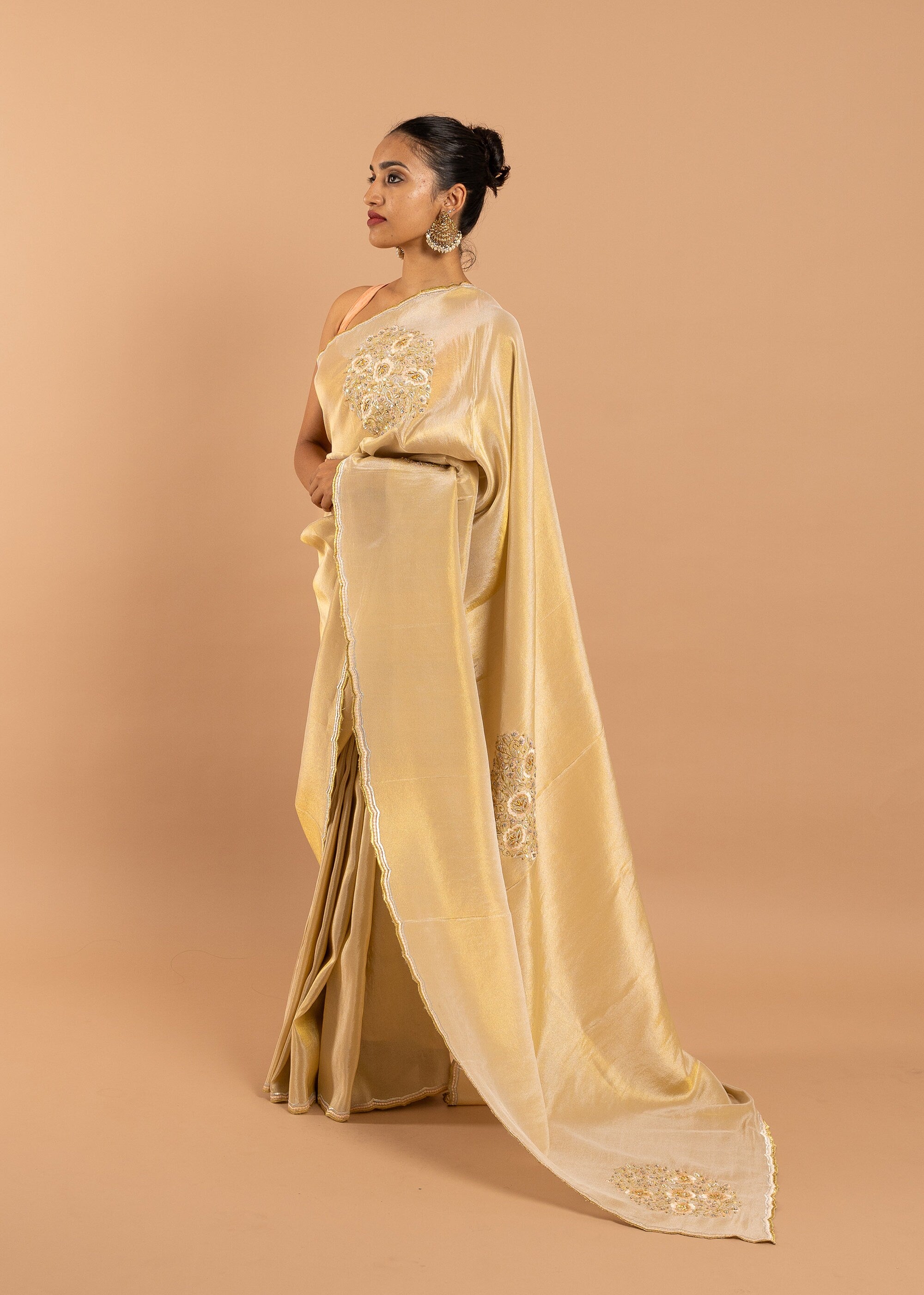 Gold silk blend gold silk thread and beads handwork saree