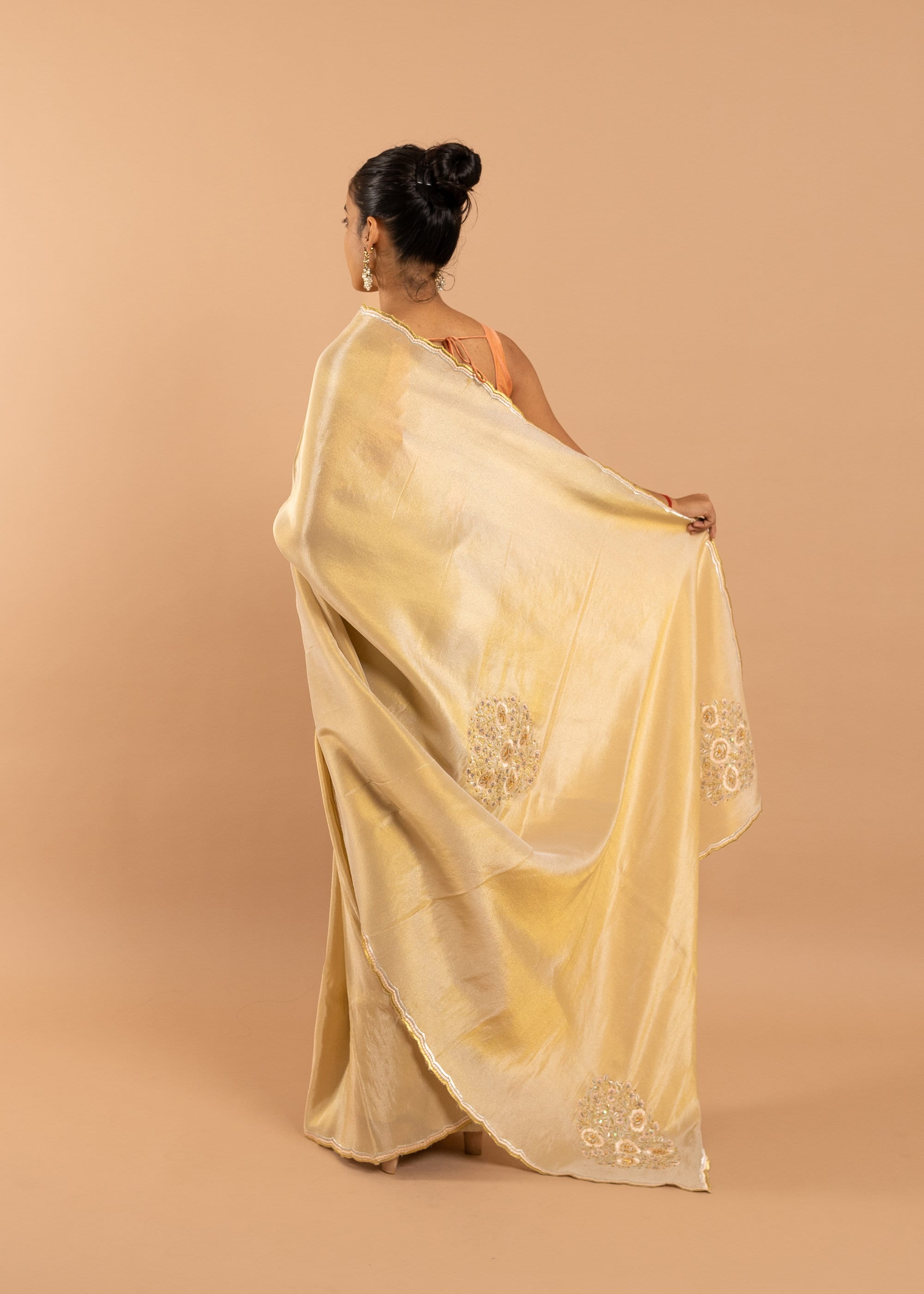 Gold silk blend gold silk thread and beads handwork saree
