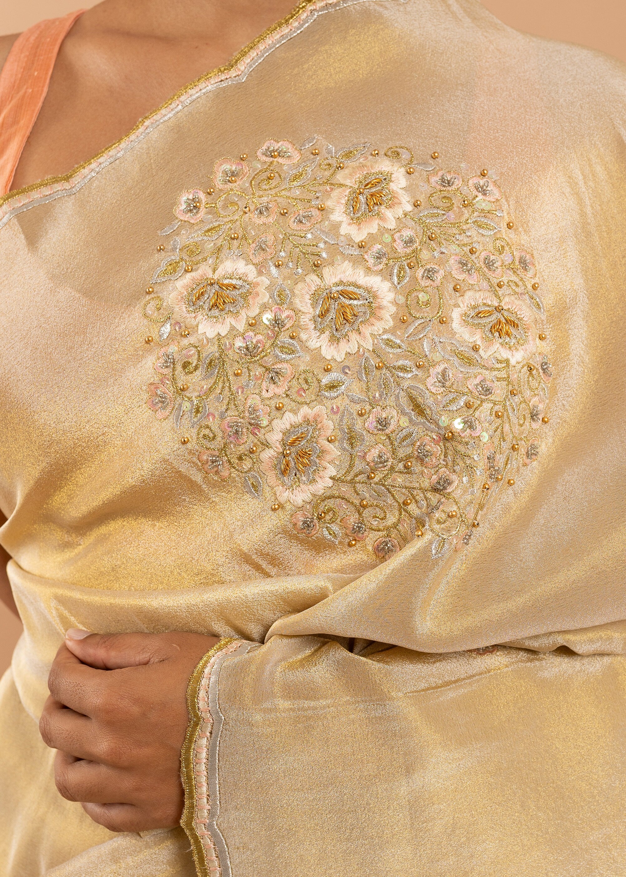 Gold silk blend gold silk thread and beads handwork saree