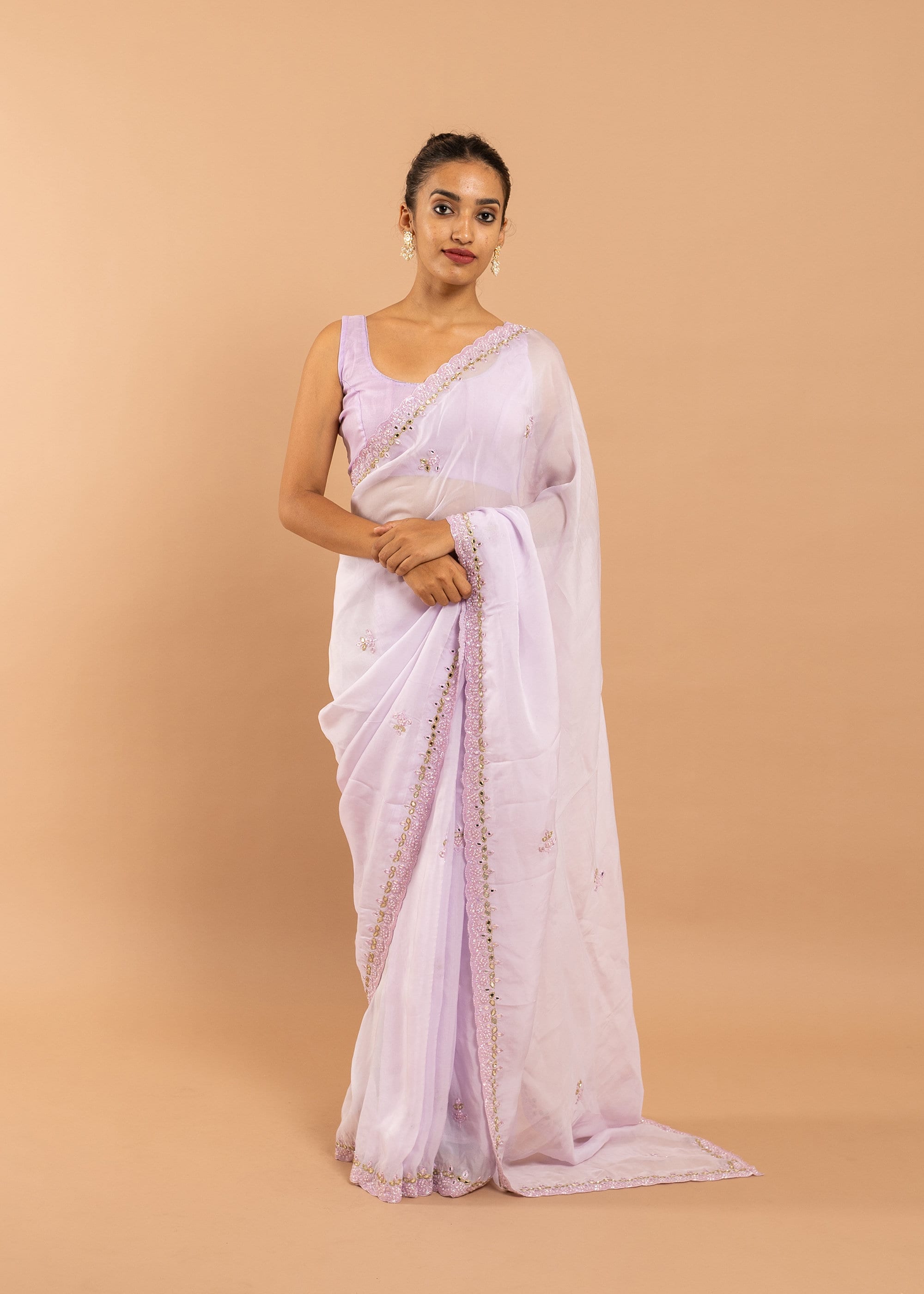 Pink organza saree with silk thread and glasswork