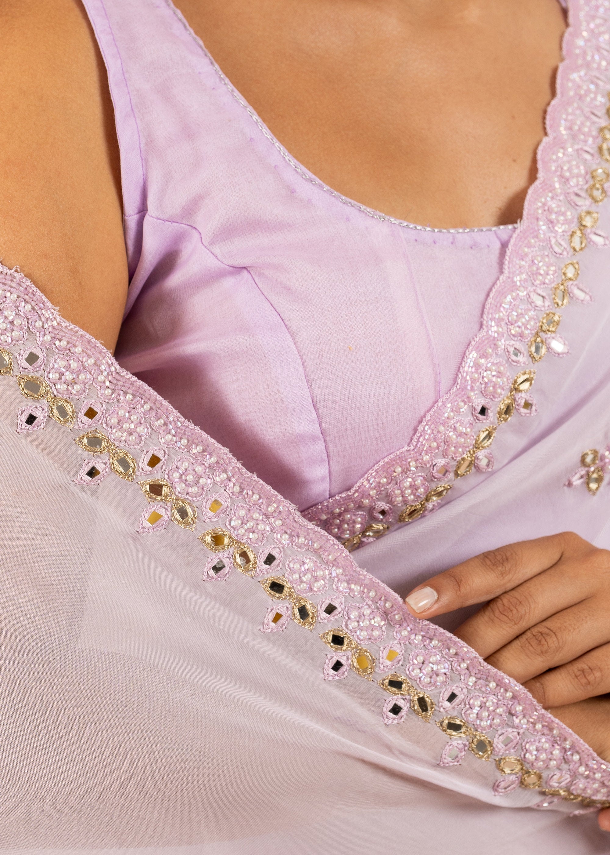 Pink organza saree with silk thread and glasswork