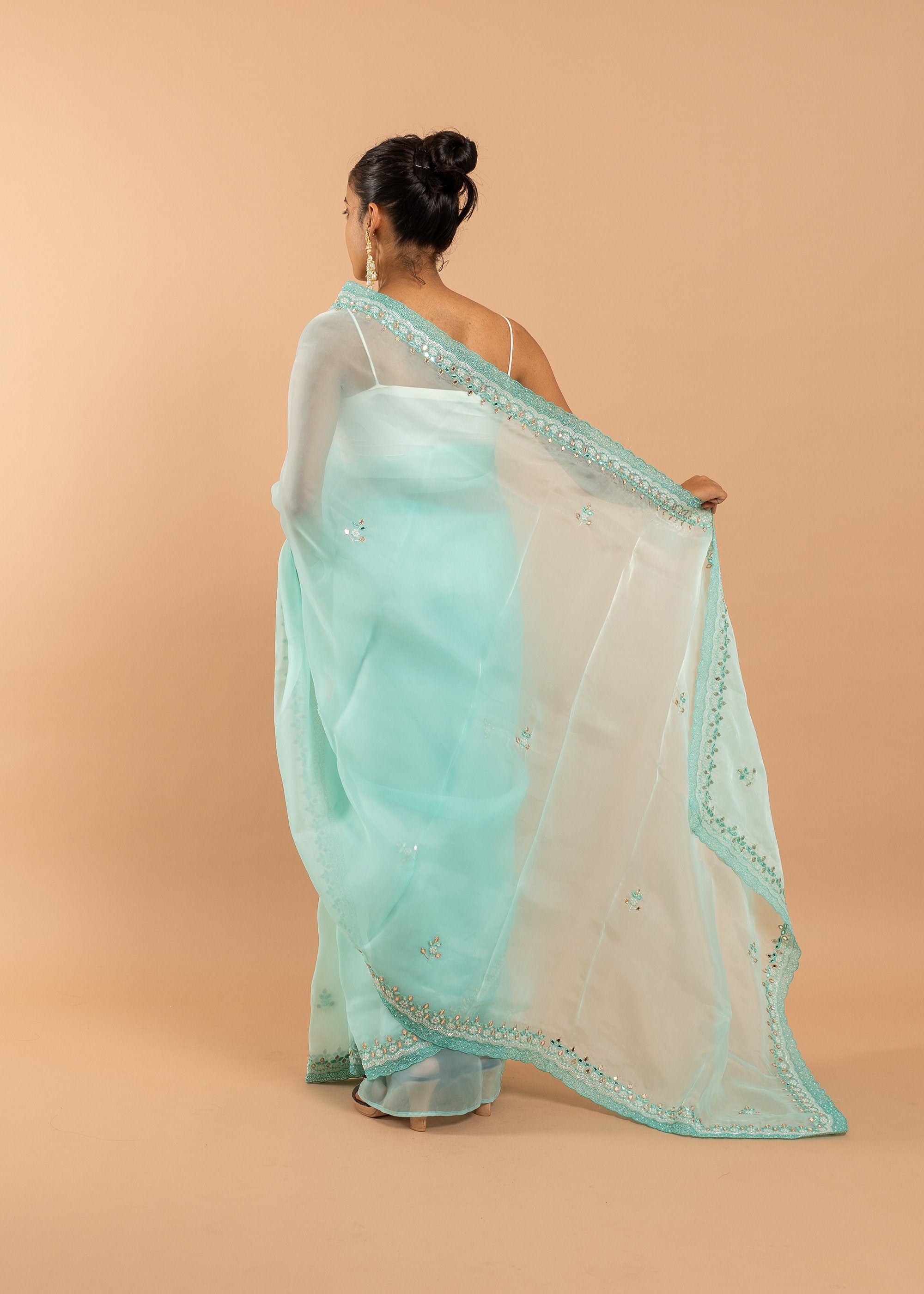 Powder blue organza saree with silk thread and glasswork saree and beads embroidery