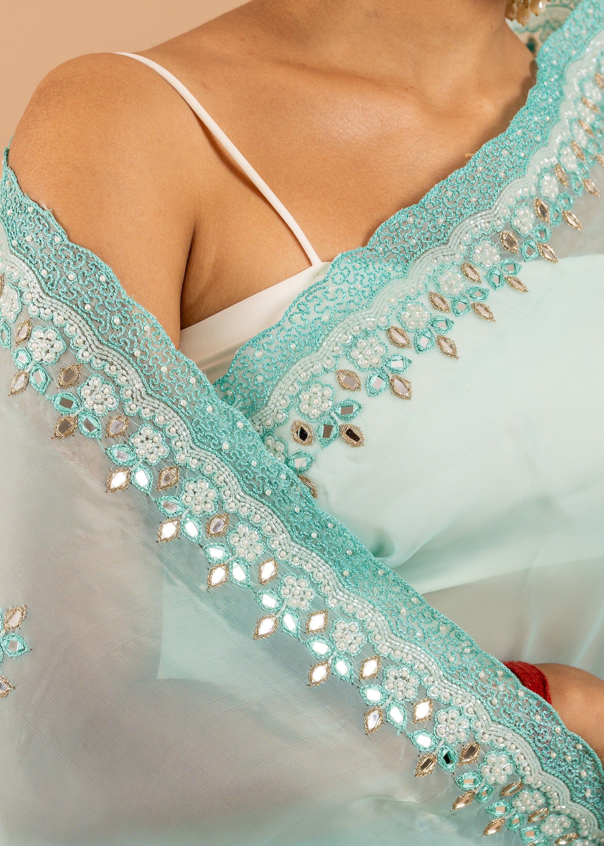 Powder blue organza saree with silk thread and glasswork saree  and beads embroidery