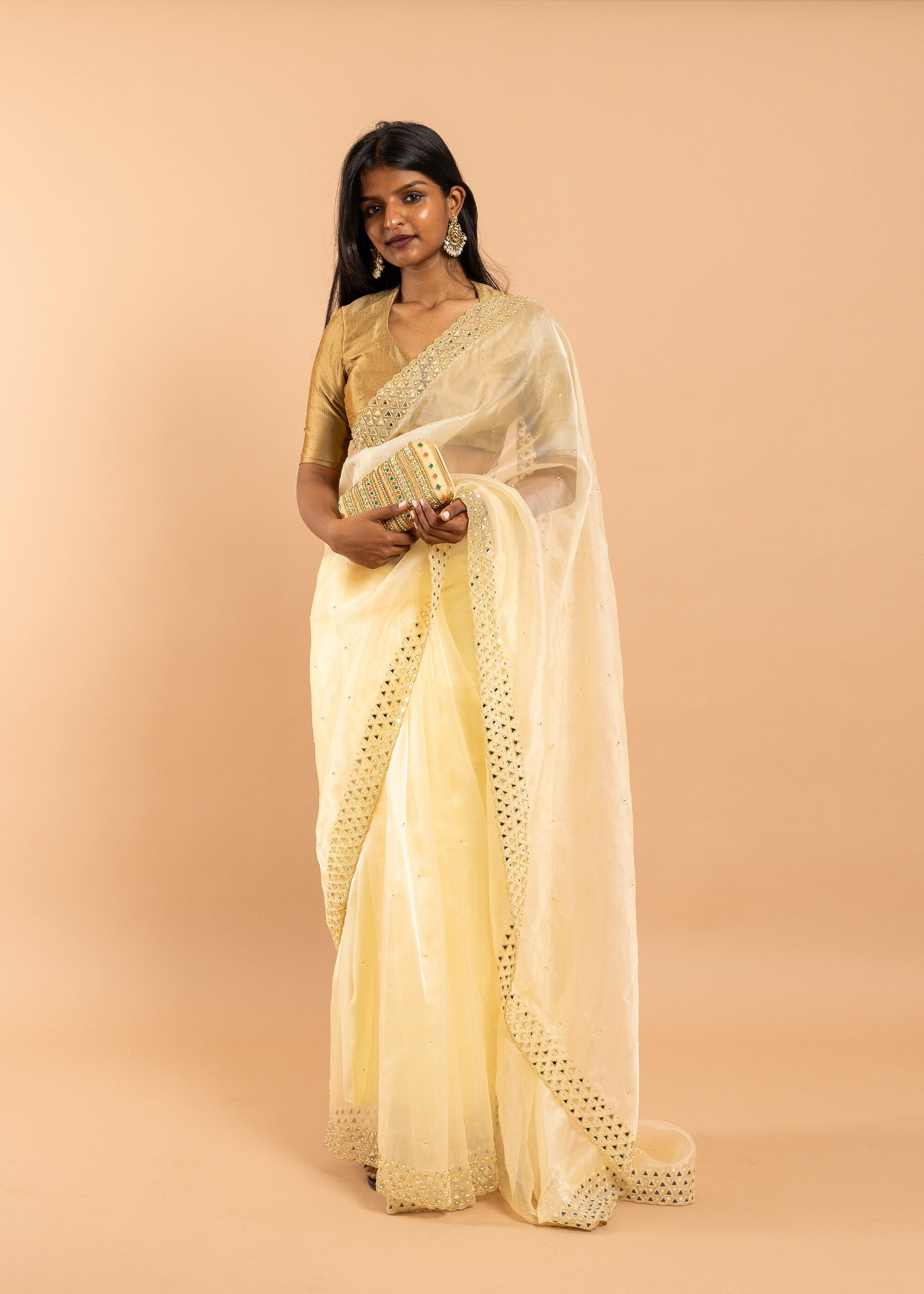 Gold Organza saree with gold glasswork thread and zari handwork and beads embroidery
