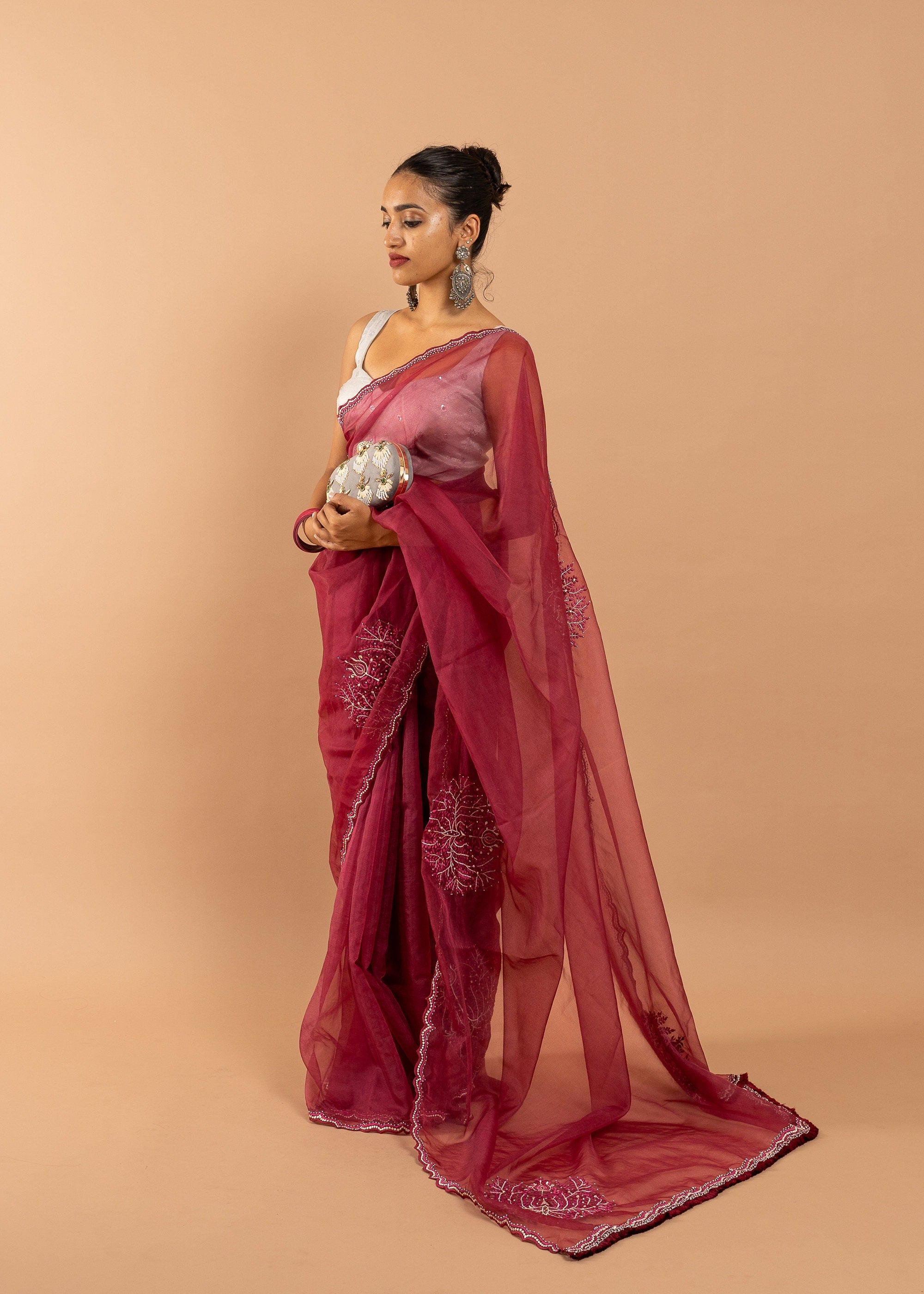 Red saree with silk thread and beads handwork embroidery organza saree with zari work border