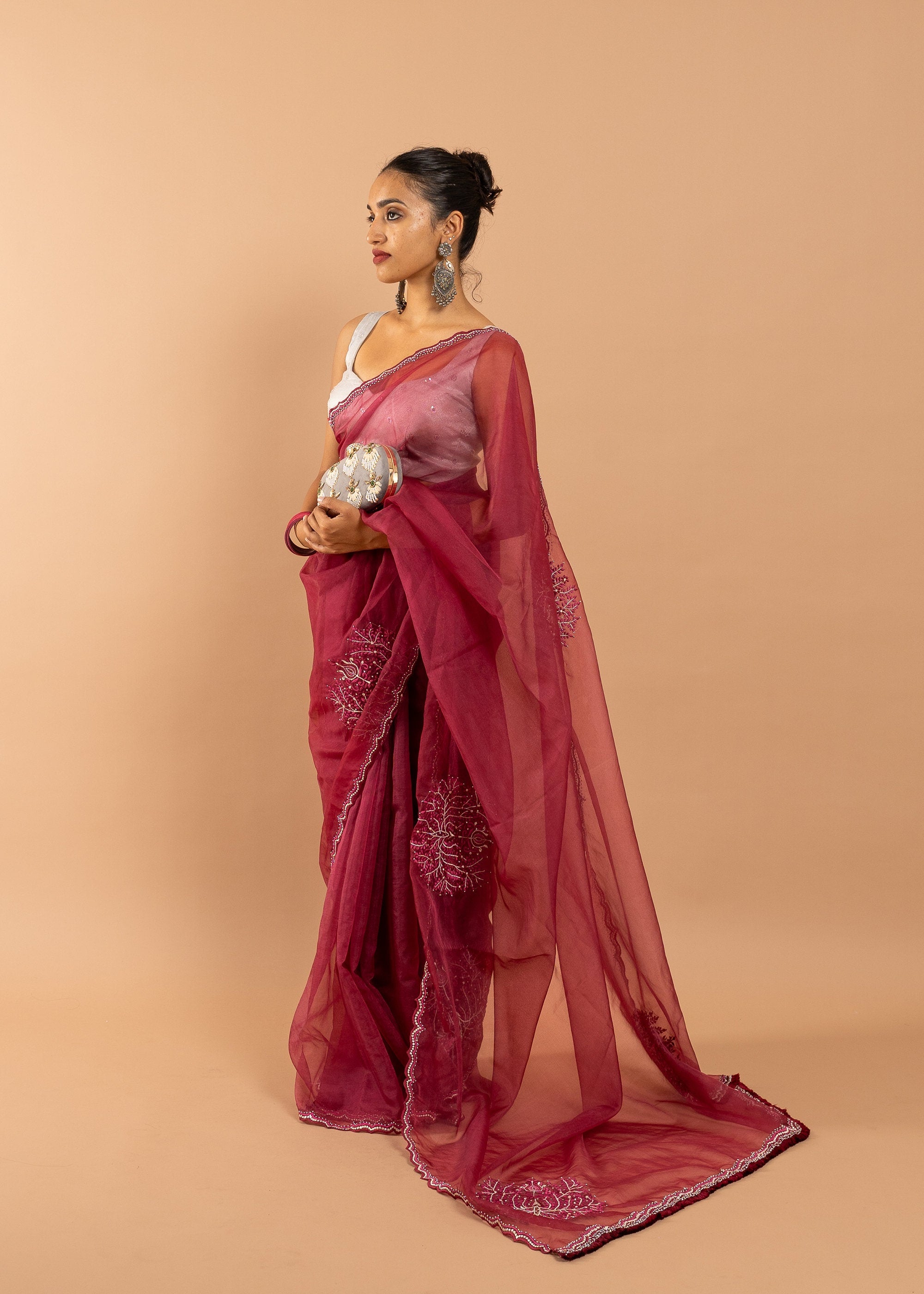 Red saree with silk thread and beads handwork embroidery organza saree with zari work border