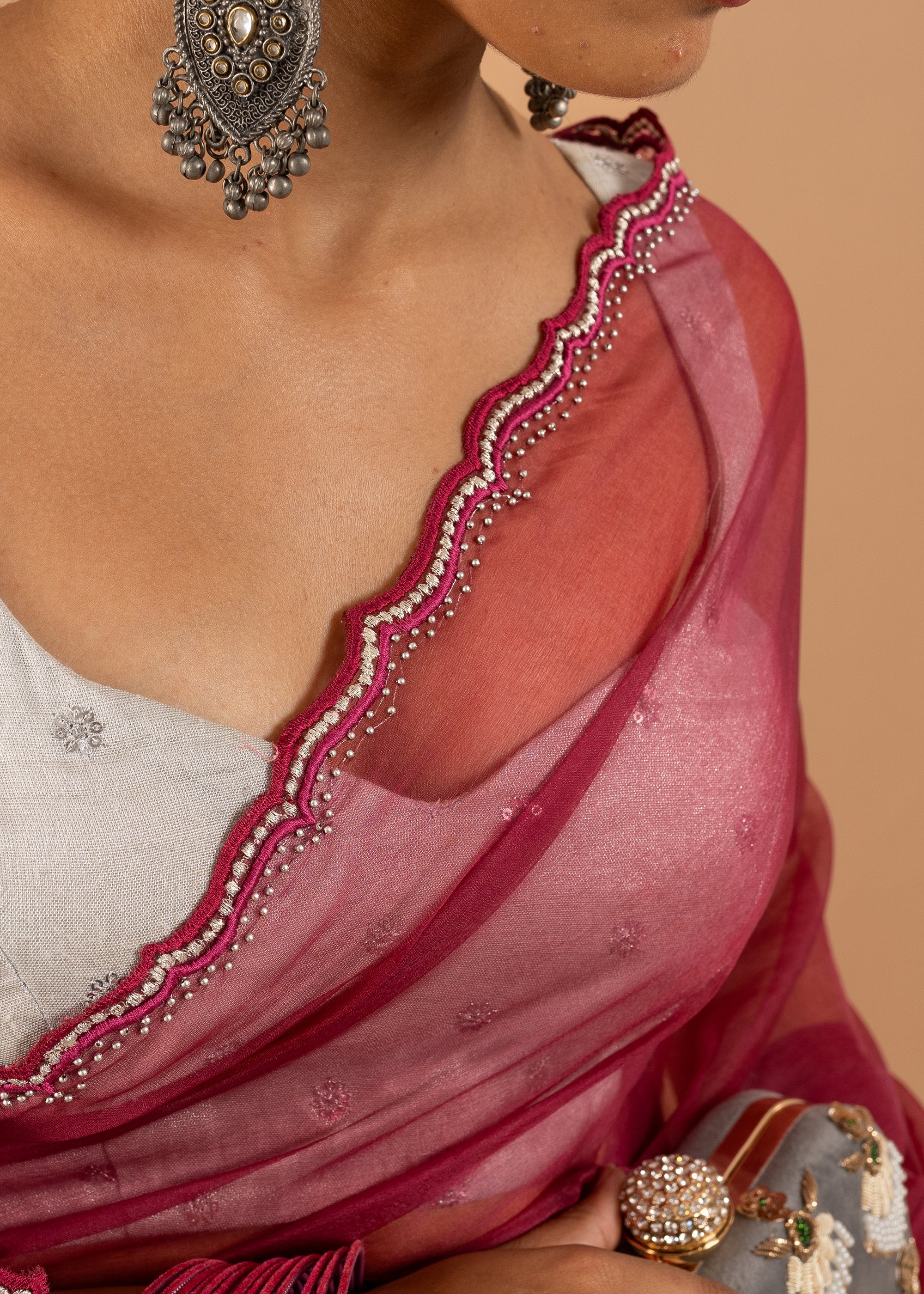 Red saree with silk thread and beads handwork embroidery organza saree with zari work border