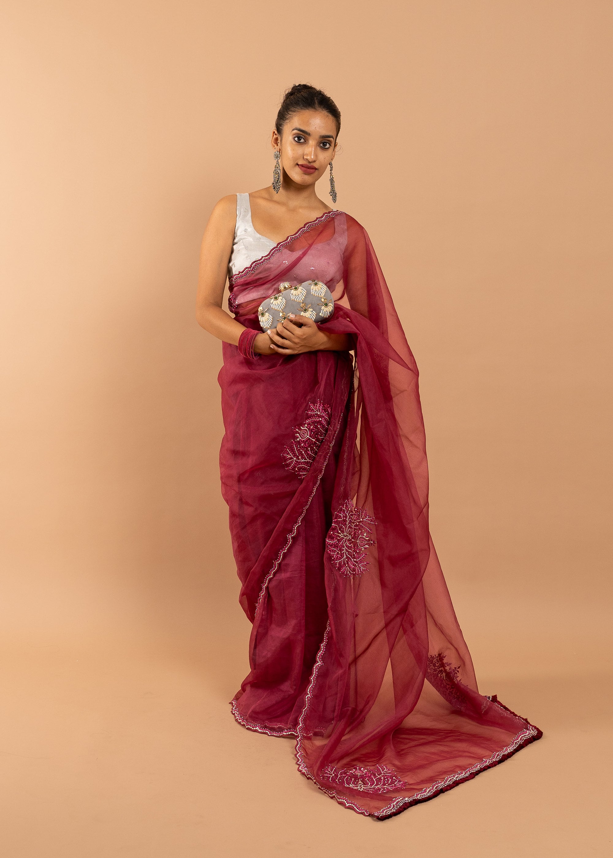 Red saree with silk thread  and beads handwork embroidery organza saree with zari work border