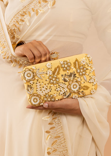 Cream georgette saree with silk thread  and beads handwork embroidery image 3