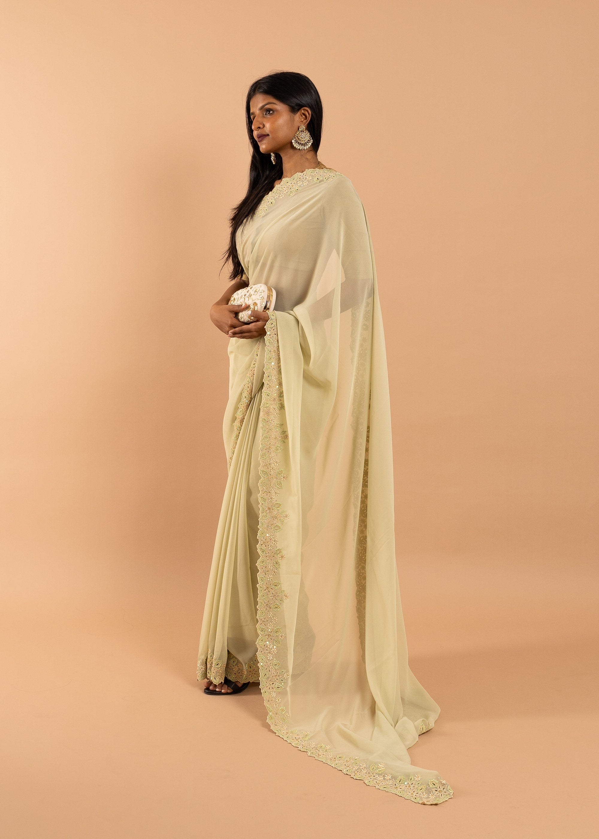 Pista green georgette saree with silk thread and beads handwork embroidery