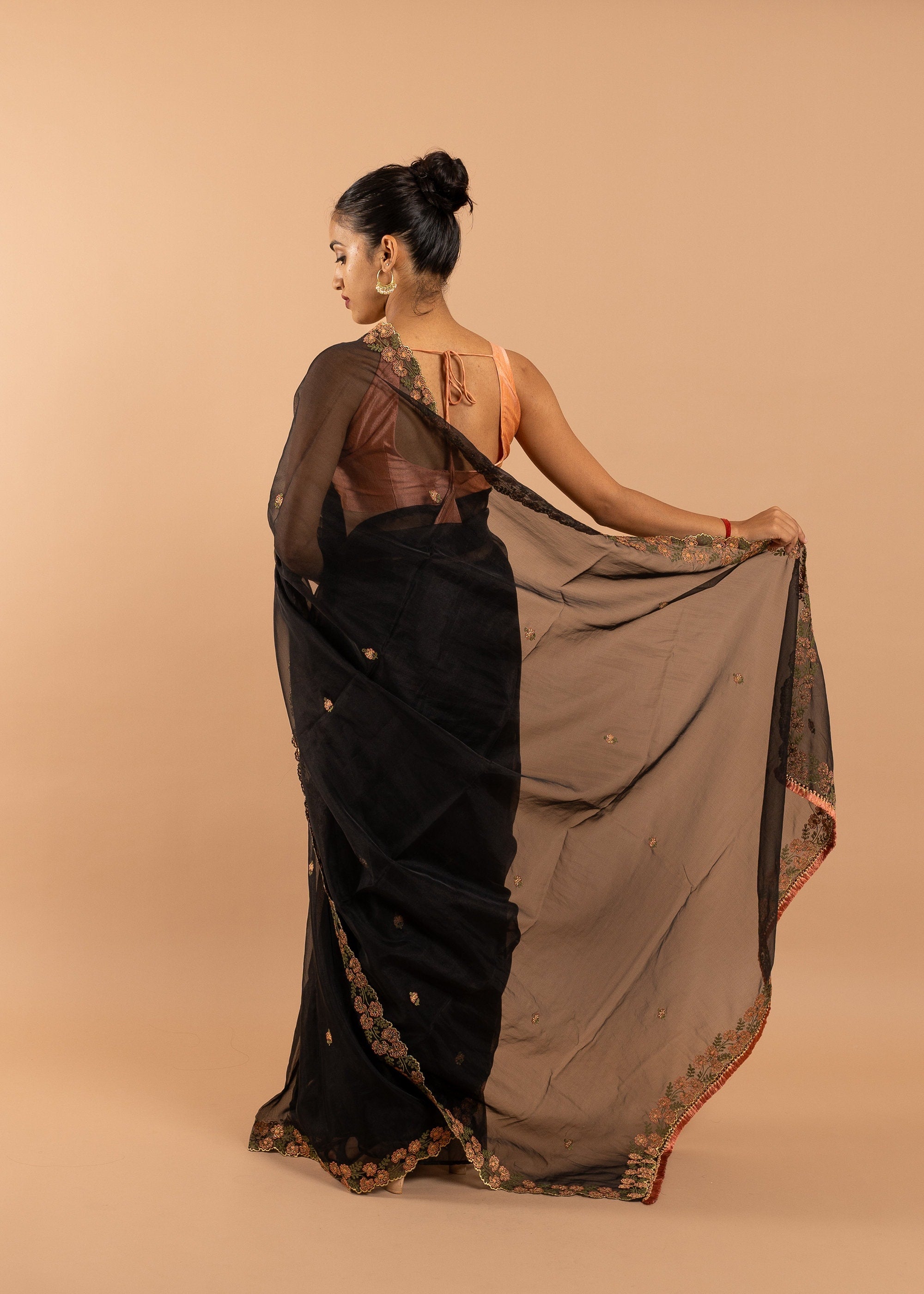 Black Organza saree with silk thread and beads handwork embroidery