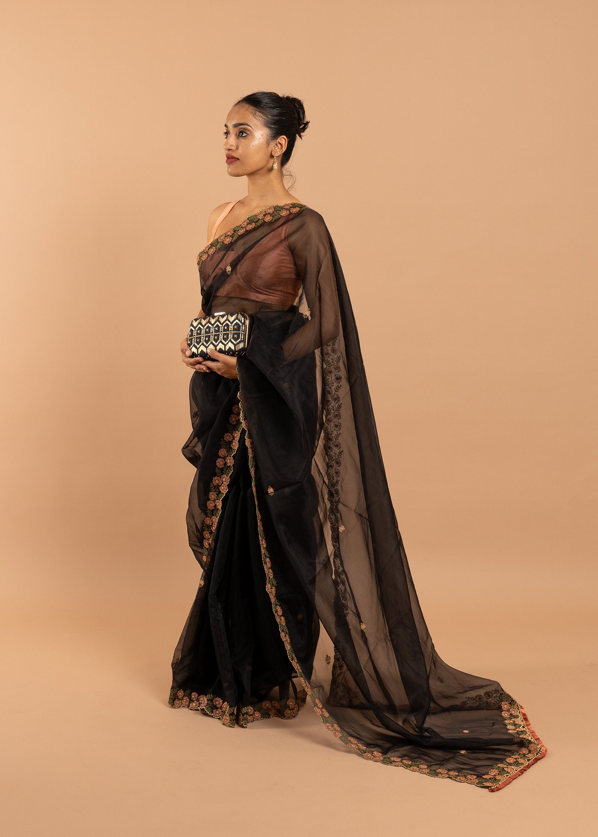 Black Organza saree with silk thread and beads handwork embroidery