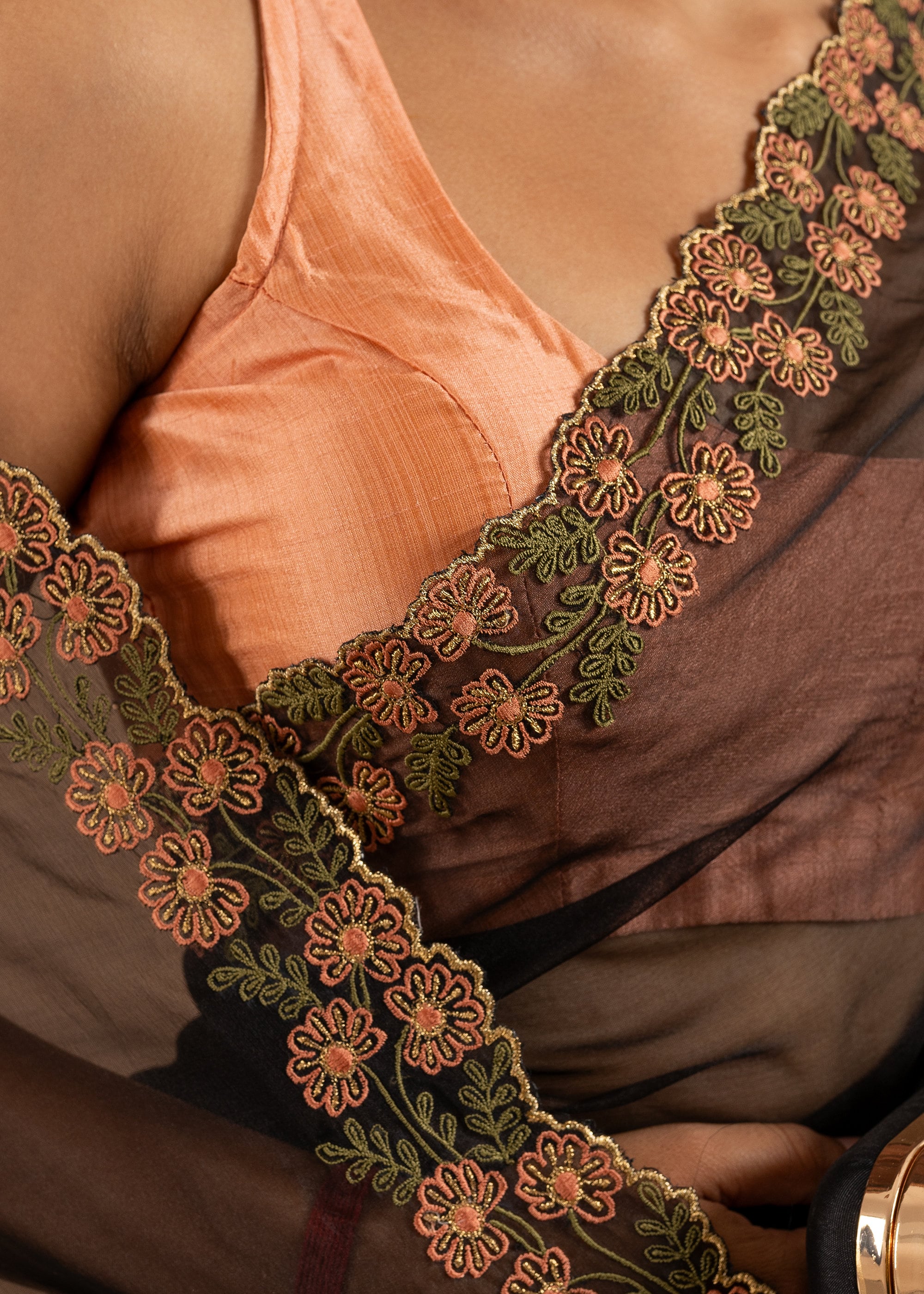 Black Organza saree with silk thread and beads handwork embroidery