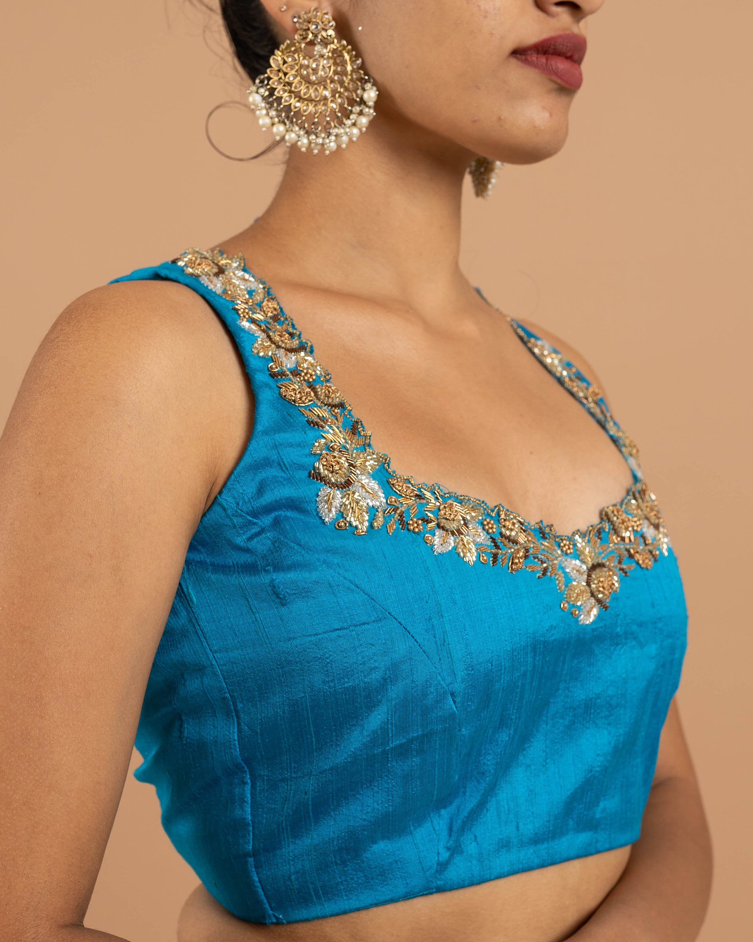 Blue and gold blouse, Designer Hand embroidered, bead work blouse