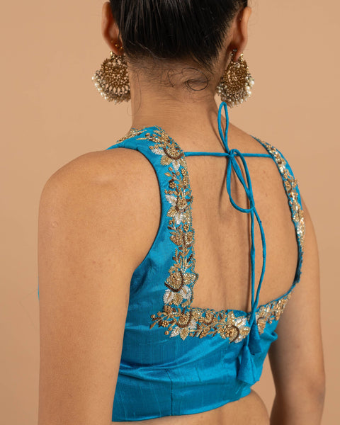 Blue and gold blouse, Designer Hand embroidered, bead work blouse image 3
